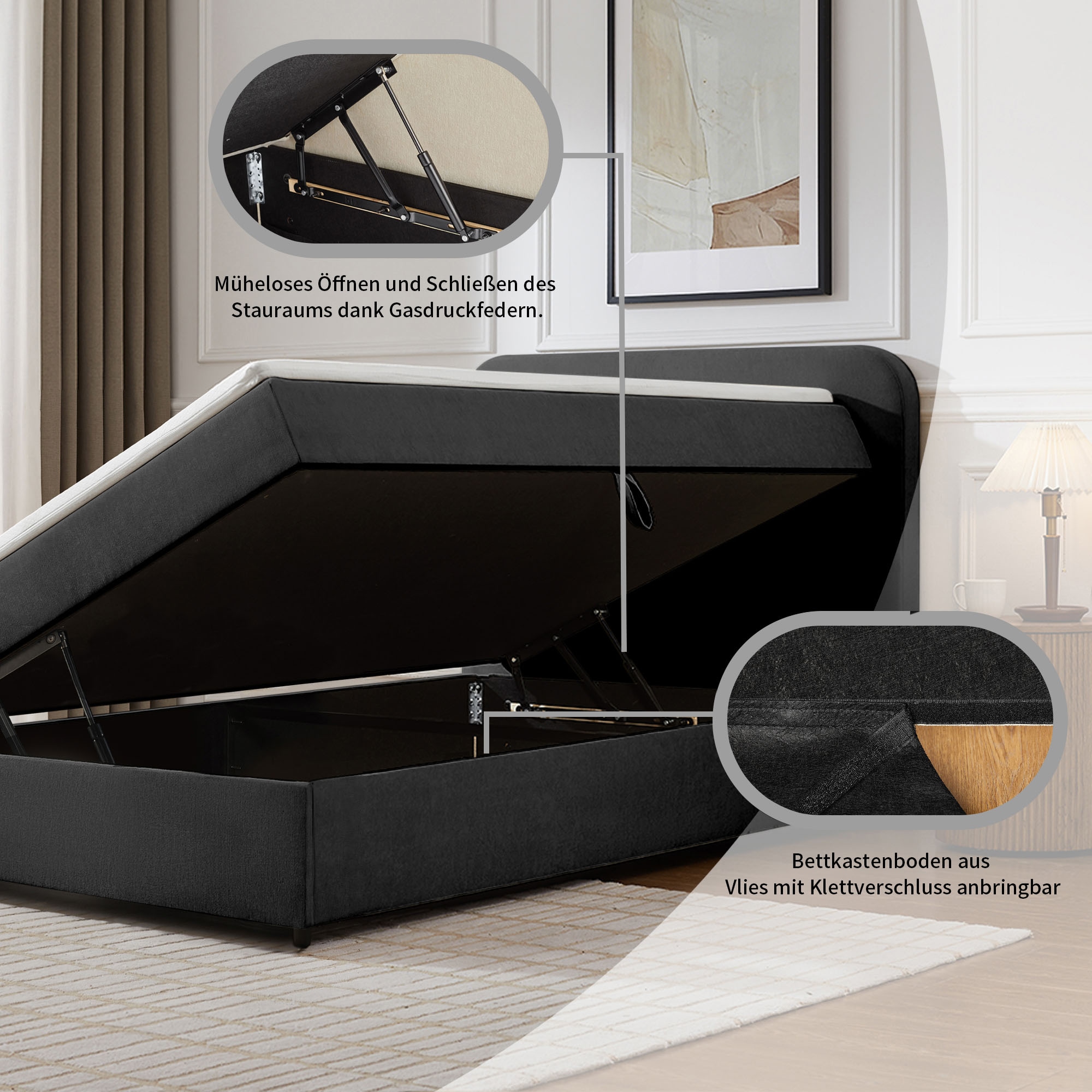 Home affaire Boxbett »AMRUM, Polsterbett mit Bettkasten, inkl. Taschenfederkernmatratze H3« mit Kaltschaumtopper, Chenille-Bezug, 120x200 & 180x200 cm