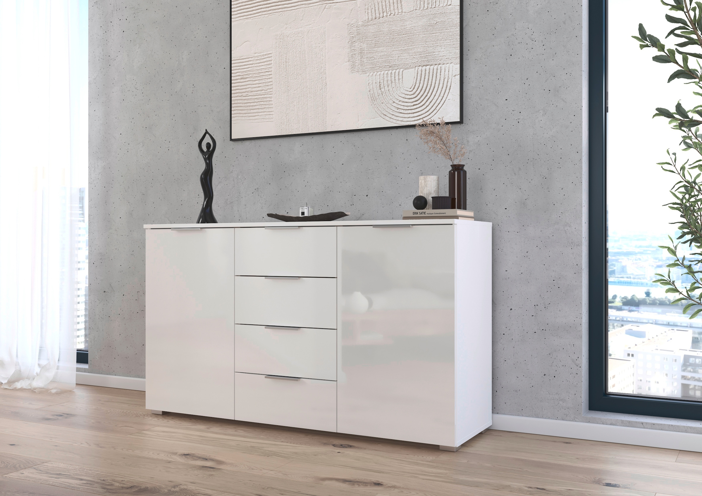 rauch Kombikommode »Sideboard Schubladenkommode AGORDO mit Dekor- oder Hochglanzfront«, (in zwei Griff-Farben), mit 4 Schubkästen und 2 Türen sowie Metallgriffen MADE IN GERMANY