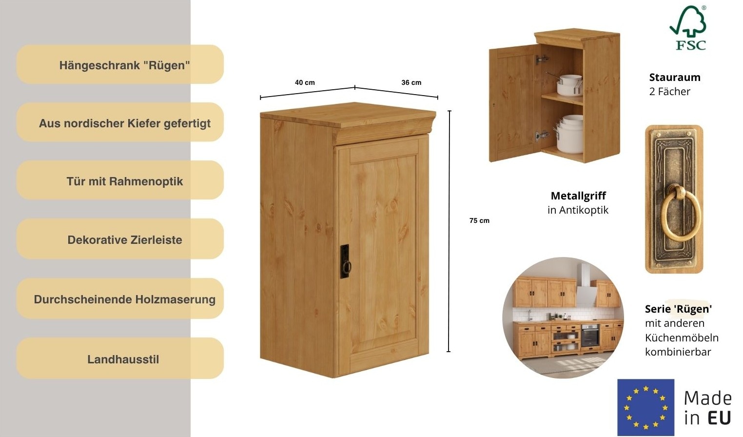 Home affaire Hängeschrank »Rügen«, Breite 40 cm, FSC® zertifiziertes Massivholz, 1 Tür, 1 Einlegeboden