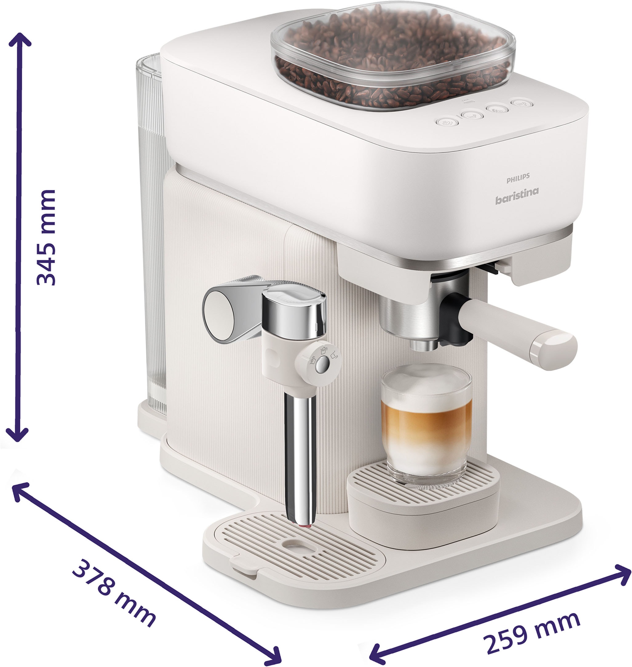 PHILIPS baristina Espressomaschine »Latte BAR400/00 mit Mahlwerk für ganze Bohnen und Milchschaumdüse« 3 Schaumarten, 16 bar Pumpendruck, Naturweiß/Weiß