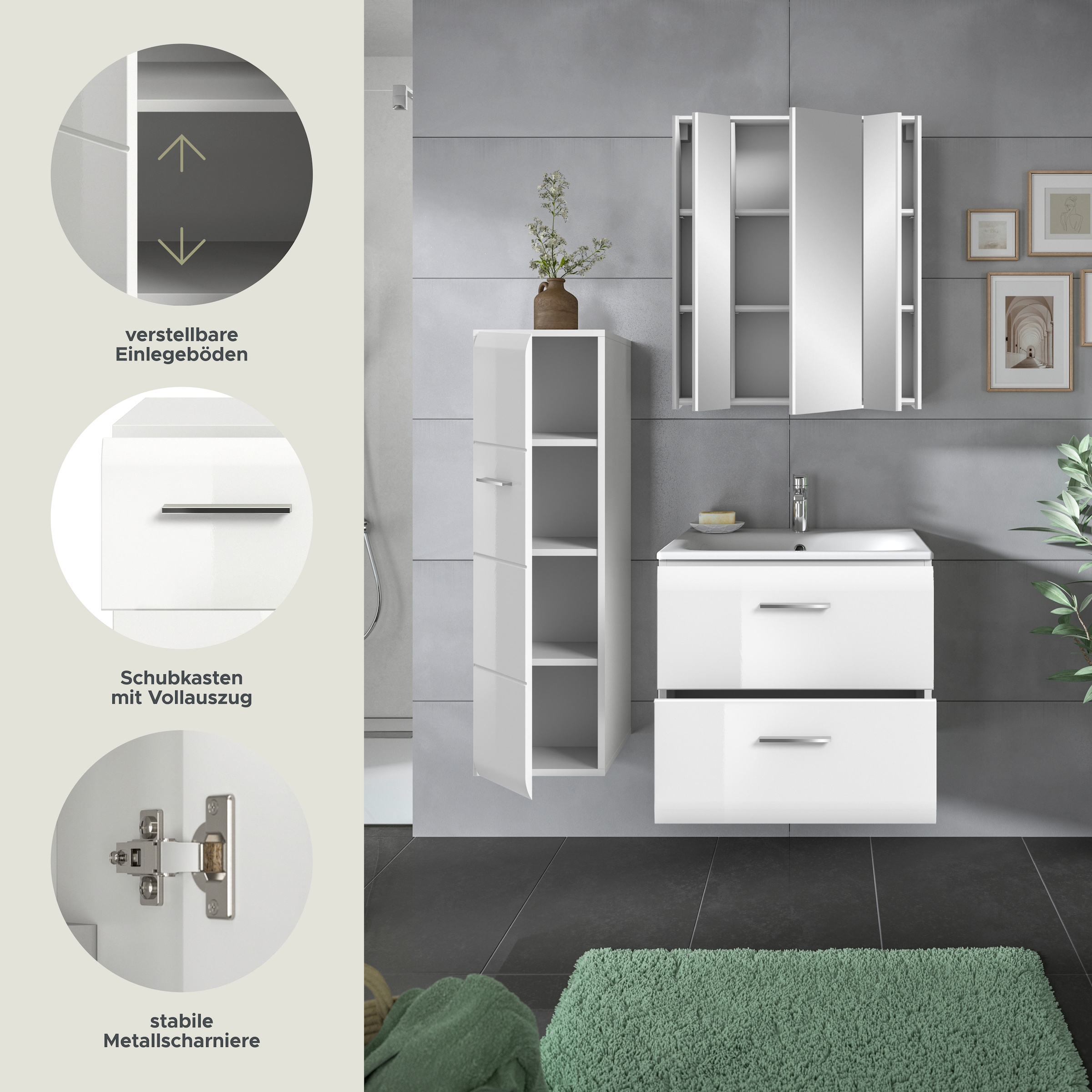 INOSIGN Badezimmer-Set, (Set, 4 St.), Florenz, Badkombination 4-tlg.,Weiß hochglanz, inkl. Waschbecken