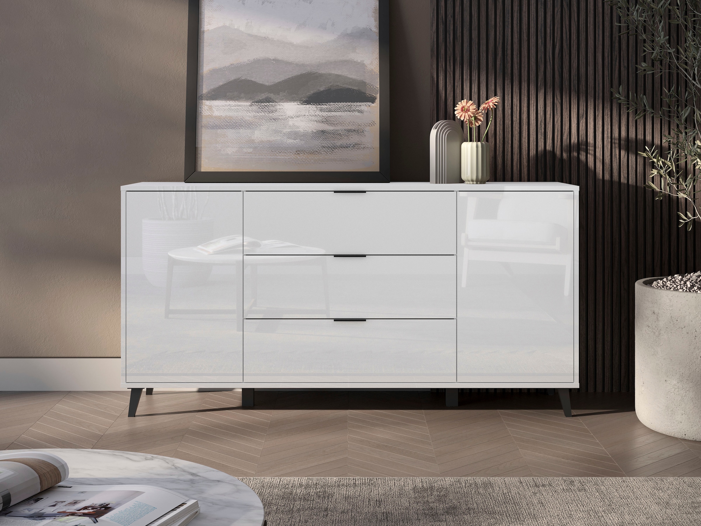 OTTO home Sideboard »Oslo, B/H/T: 150/76/39,5 cm« 3 Schubladen, 2 Türen mit Push-to-open, schwarze Metallgriffe