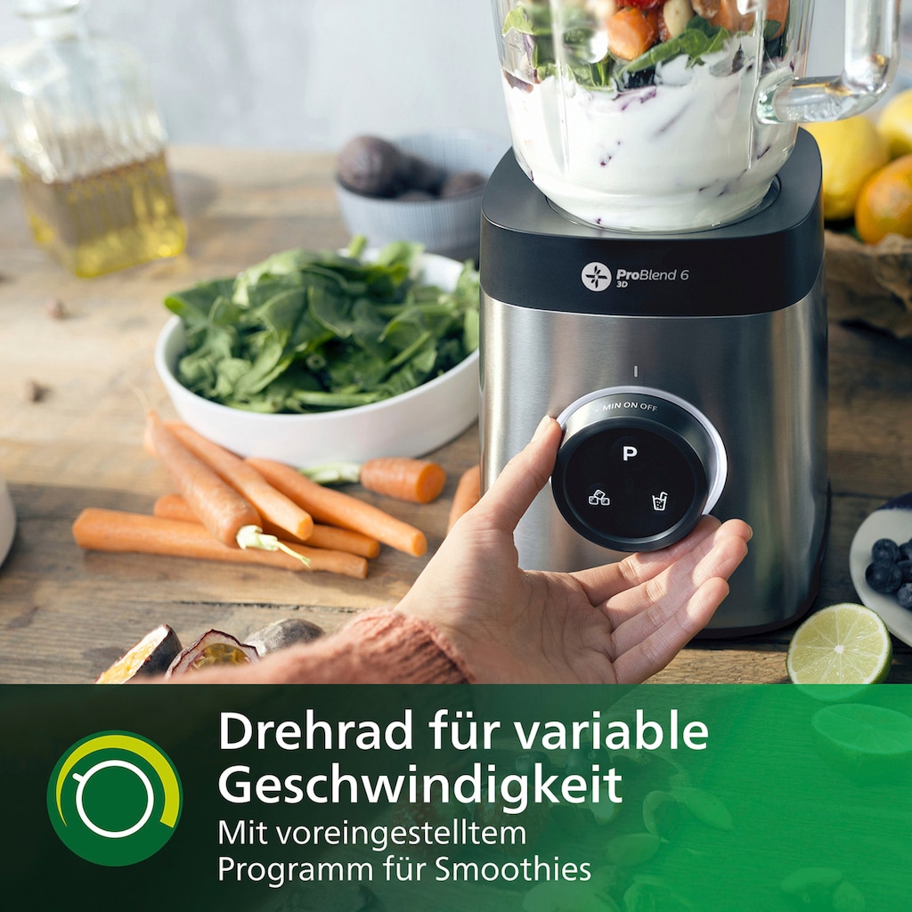 Philips Standmixer »HR3655/00 Avance Collection, mit ProBlend 6 3D-Technologie,«, 1400 W, 1,8L-Glasbehälter und 2 Trinkflaschen; Metallic