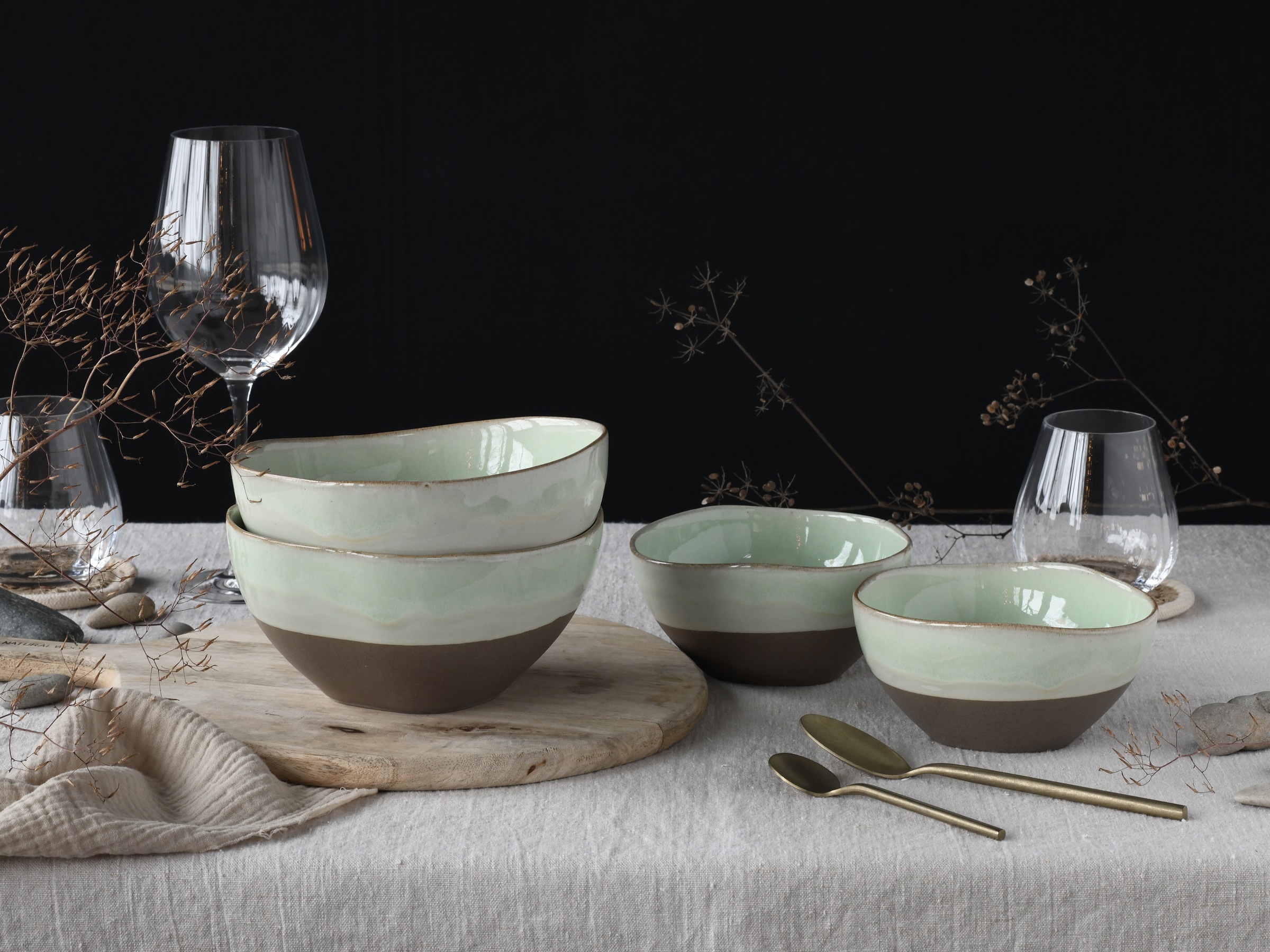CreaTable Schale »Basalt Bio, Bowl Set 4-tlg«, 4 tlg., aus Steinzeug, Organische Form, Jedes Teil ein Unikat