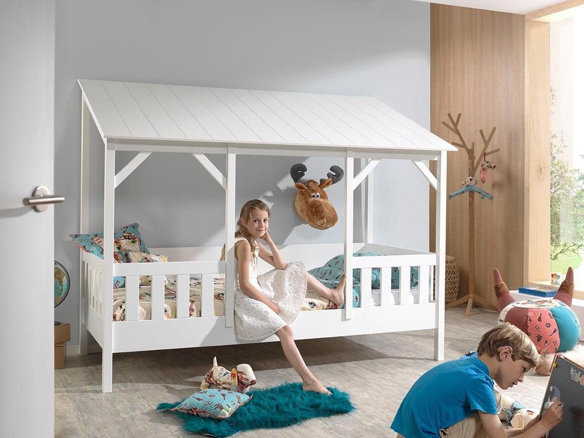 Vipack Kinderbett »Hausbett, aus MDF und Massivholz, Dach schwarz oder weiß«, (B/H/T ca. 214,2x174x105,3cm, inkl. umlaufende Umrandung), wahlweise mit oder ohne Bettschublade auf Rollen
