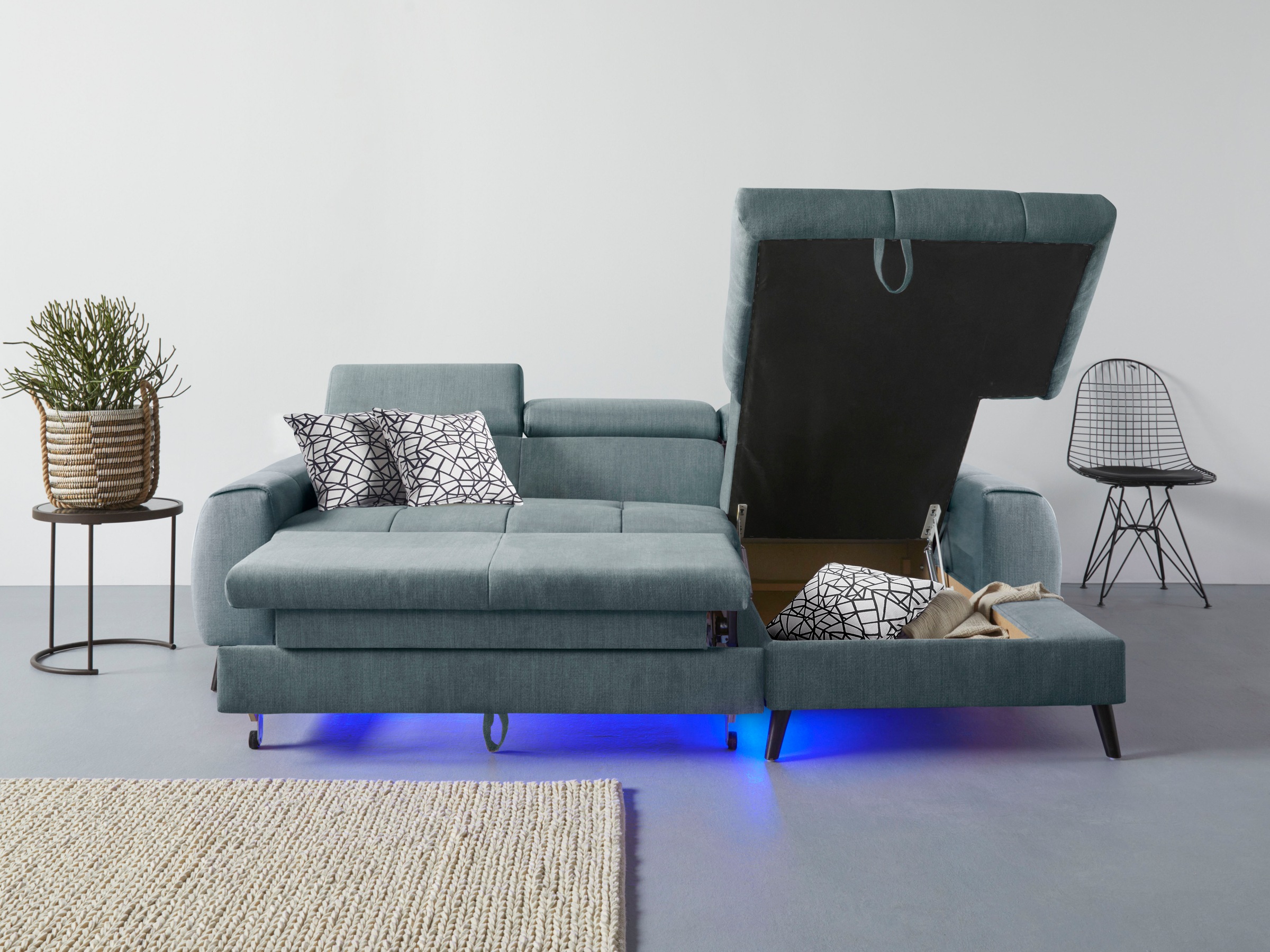 COTTA Ecksofa »Mia L-Form mit 3 Zierkissen«, wahlweise mit Bettfunktion, Bettkasten, Beleuchtung & Wireless-Charger