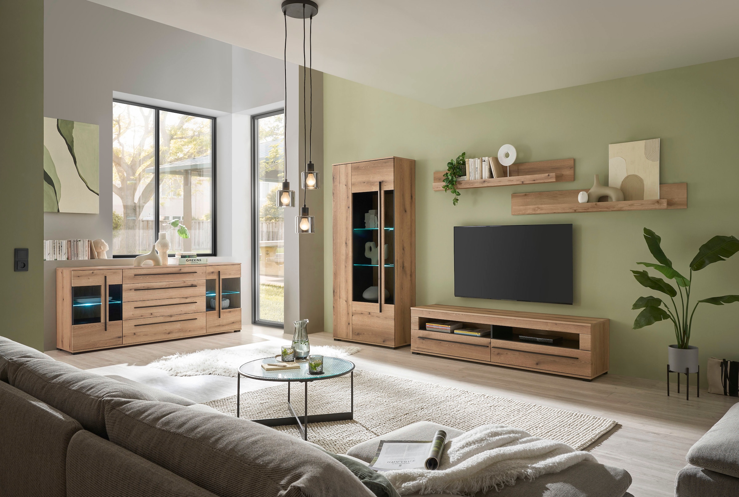 INOSIGN Wohnwand »Cantara, moderne Anbauwand, Wohnzimmer-Set, in Eiche Evoke oder Weiß«, (Set), enthält eine Vitrine, ein Lowboard und zwei Wandboards
