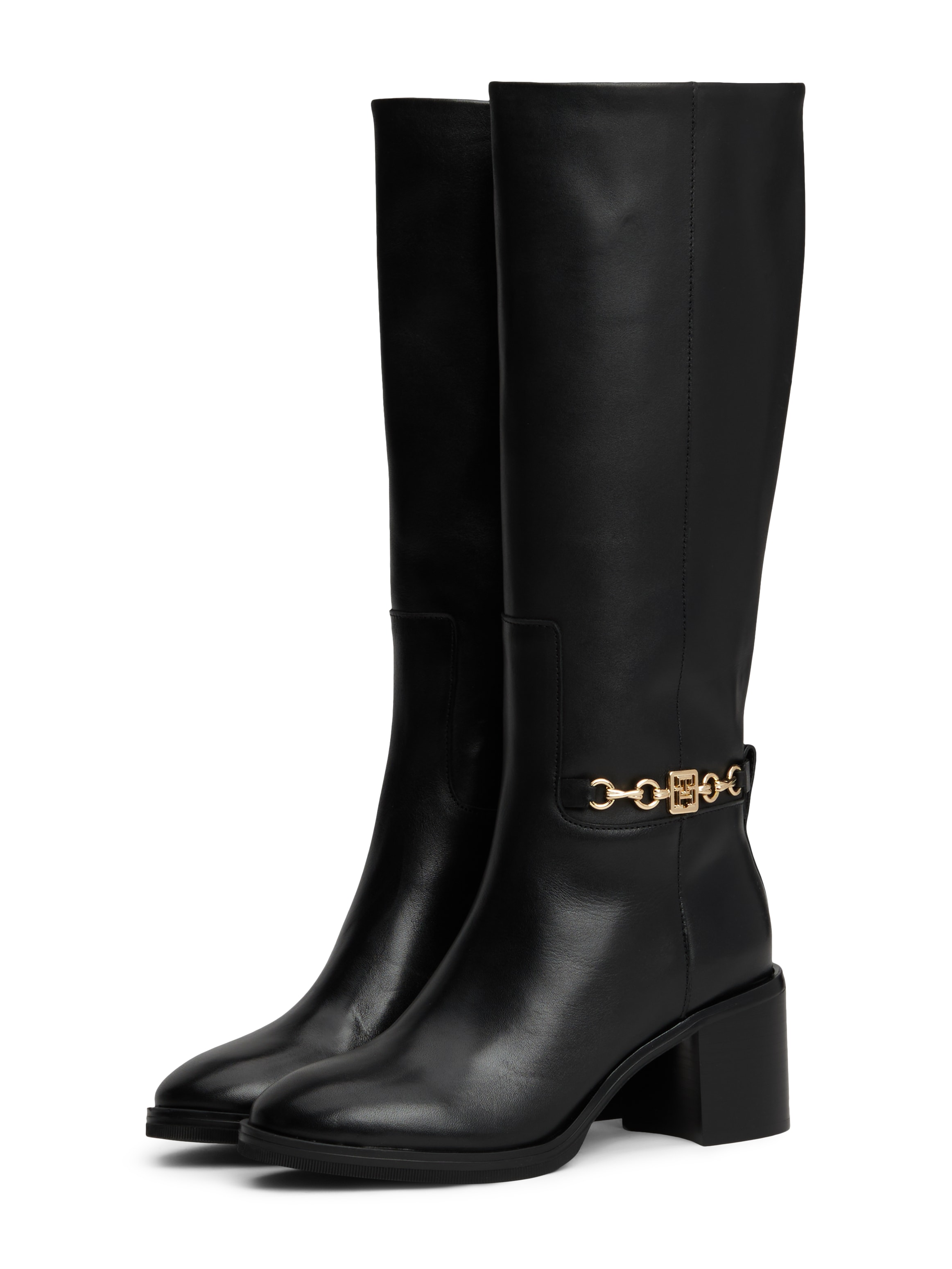 Tommy Hilfiger Stiefel »TH CHAIN LEATHER LONG BOOT«, Blockabsatz, Langschaftstiefel mit seitlicher Schmuckspange