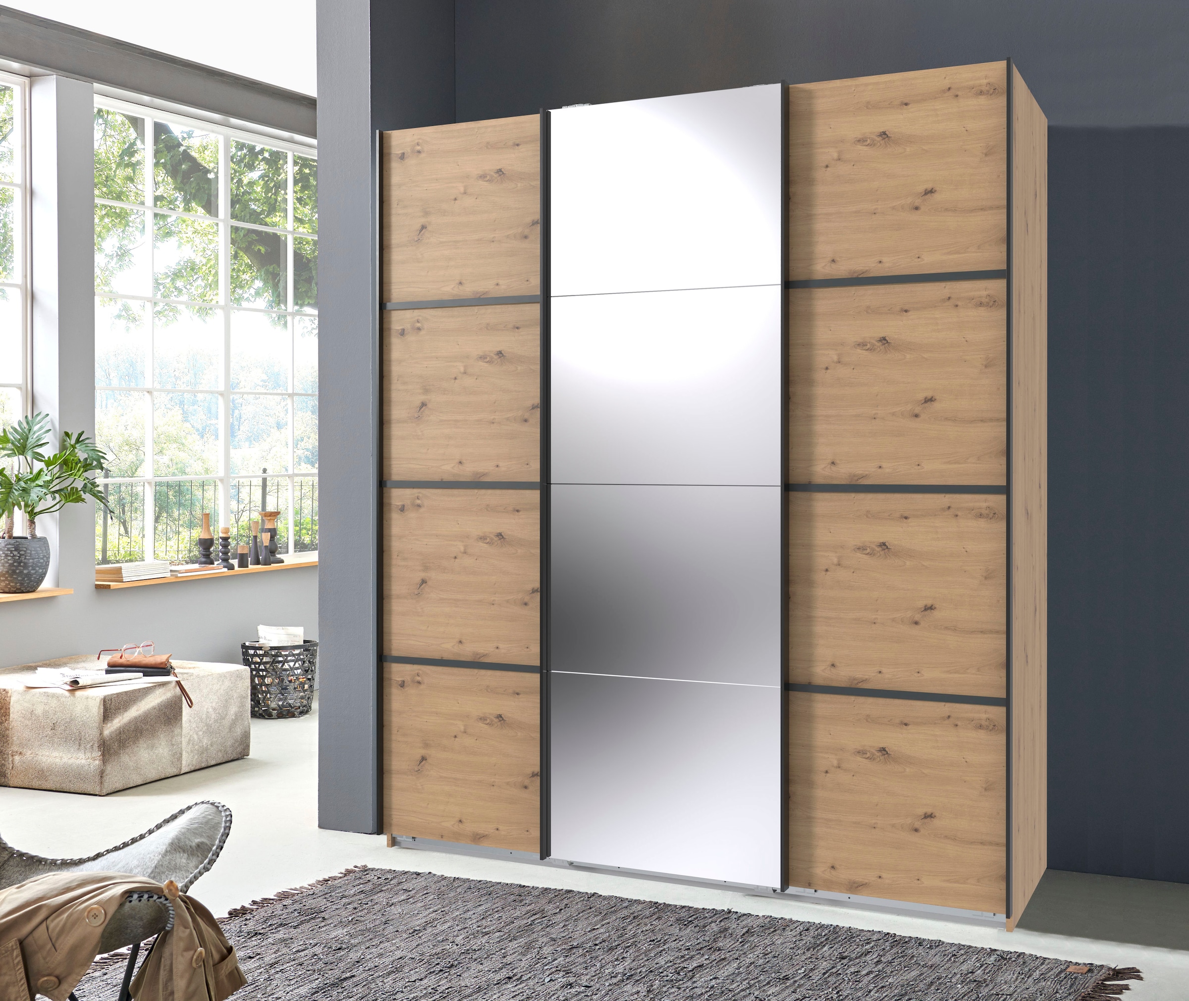 Wimex Schwebetürenschrank »Jork Kleiderschrank mit Spiegel, schwarze Metallgriffe«, Schrank in verschiedenen Größen und Innenausstattungsvarianten