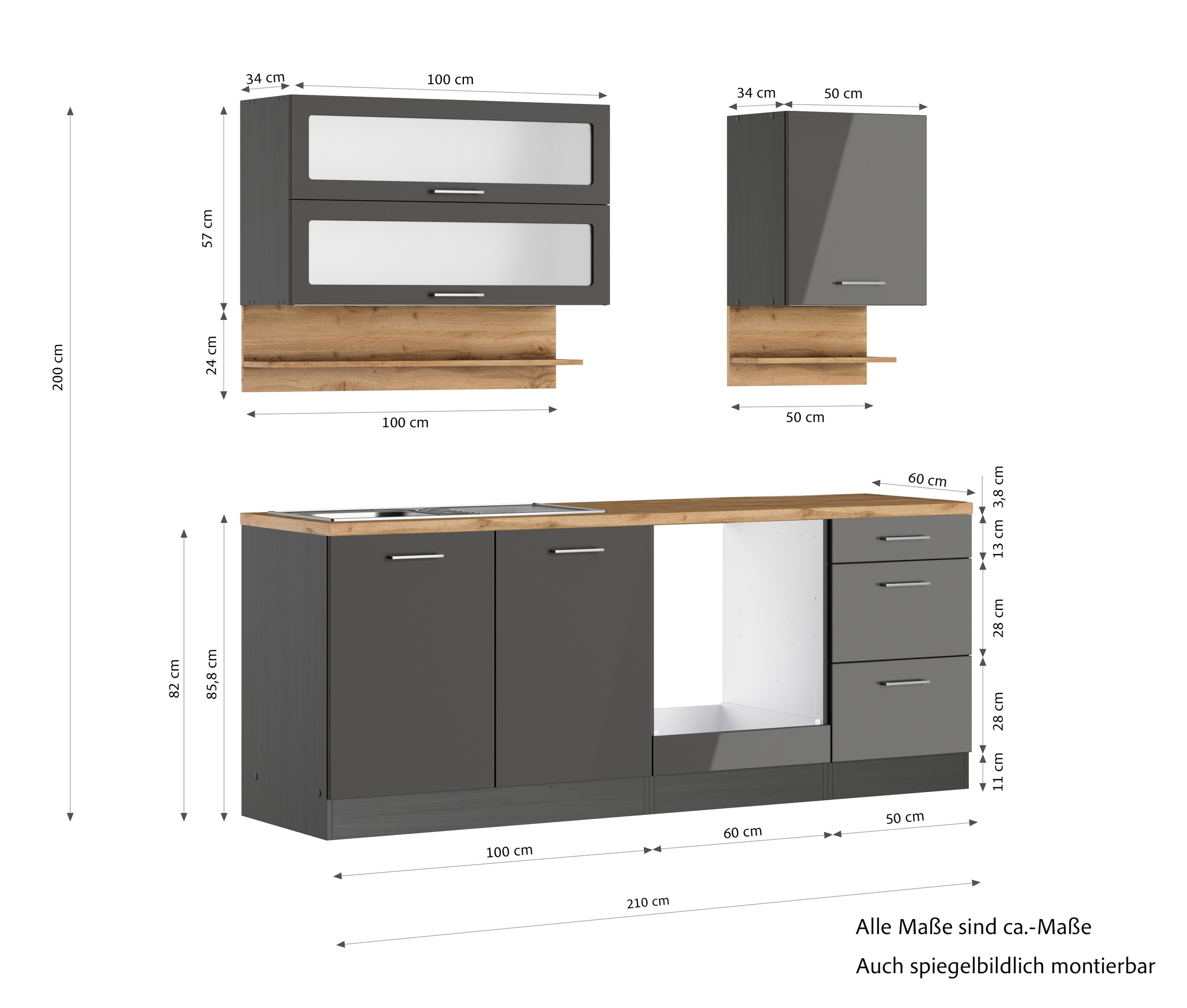 KOCHSTATION Küchenzeile »KS-Milan«, 210 cm breit, robuste Metallauszüge, viel Stauraum