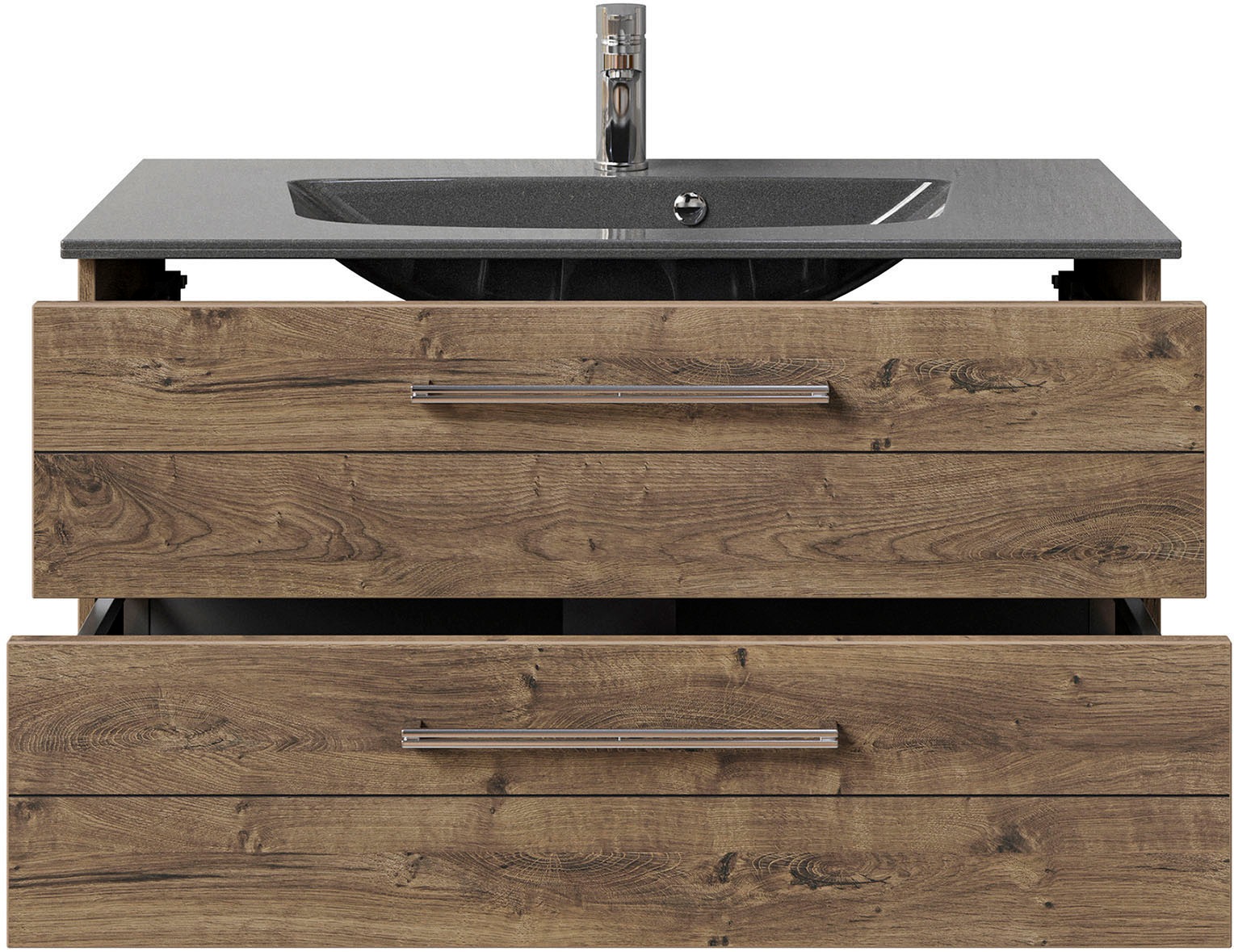 Saphir Badmöbel-Set »Serie 6025 2-teilig Mineralmarmor-Waschtisch mit LED-Spiegelschrank«, (2 St.), Waschplatz 97 cm breit, 2 Schubladen, 3 Spiegel-Türen, inkl Türdämpfer