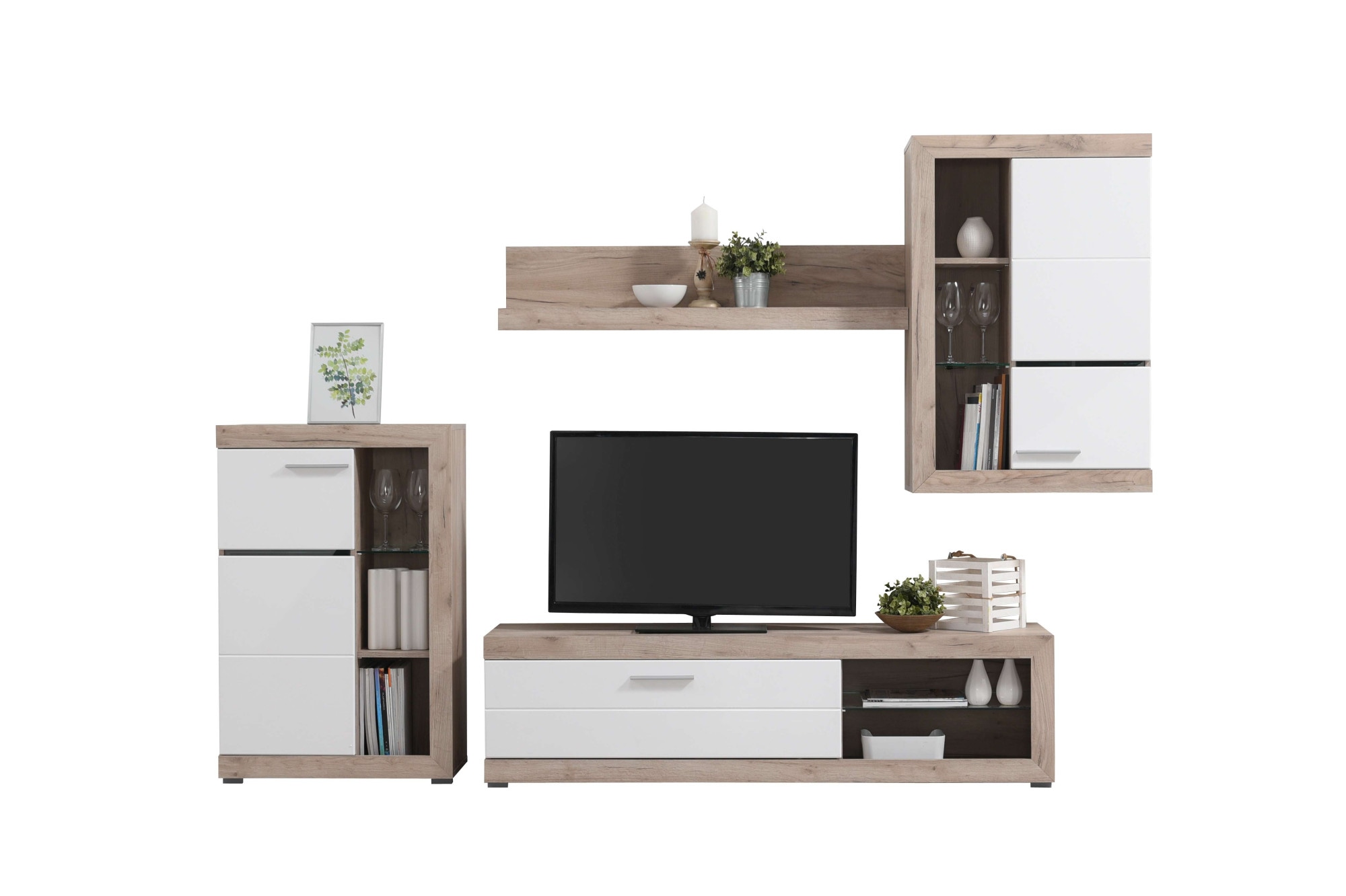 INOSIGN Wohnzimmer-Set »Rosso Wohnwand, Mediawand, Anbauwand, für TV bis 60', Breite 267 cm«, (Komplett-Set, 4 St., 4-st), Set besteht aus Highboard, TV-board, Wandregal und Hängeschrank