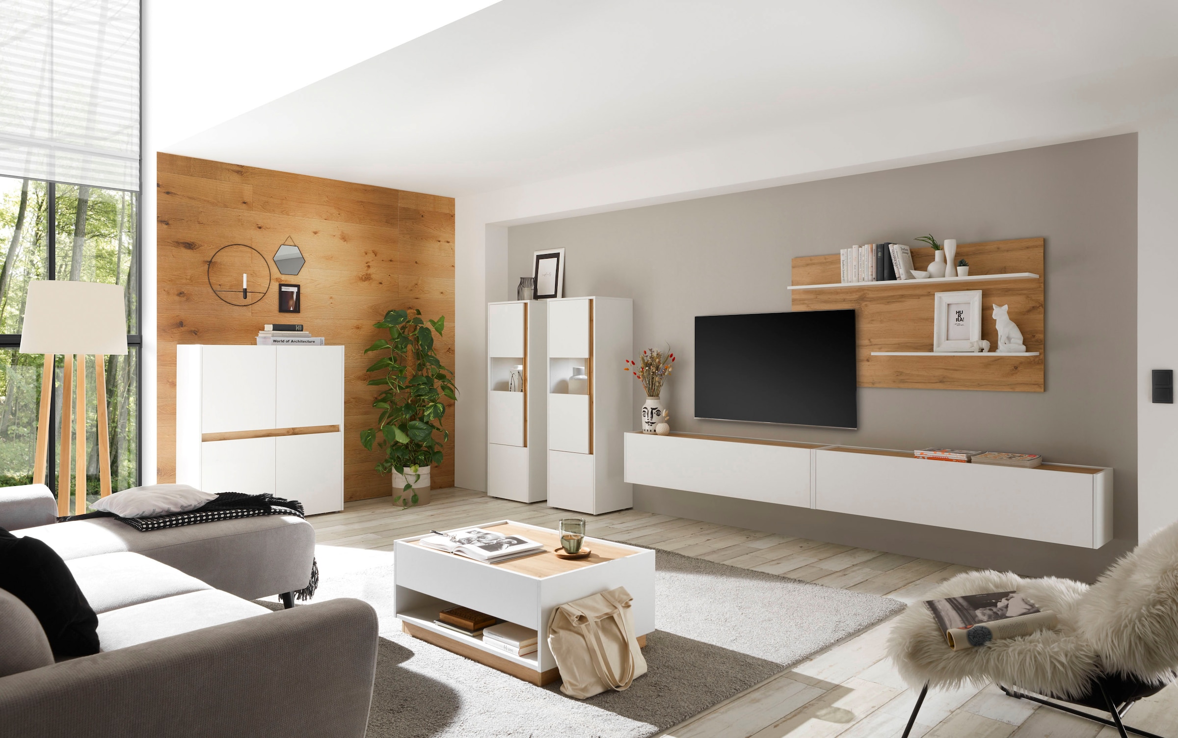 INOSIGN Wohnwand »City/Giron, moderne Anbauwand, Komplettset in vielen Farben verfügbar«, (Set, 5 St.), enthält zwei Vitrinen, zwei Hängeschränke & ein Wandboard