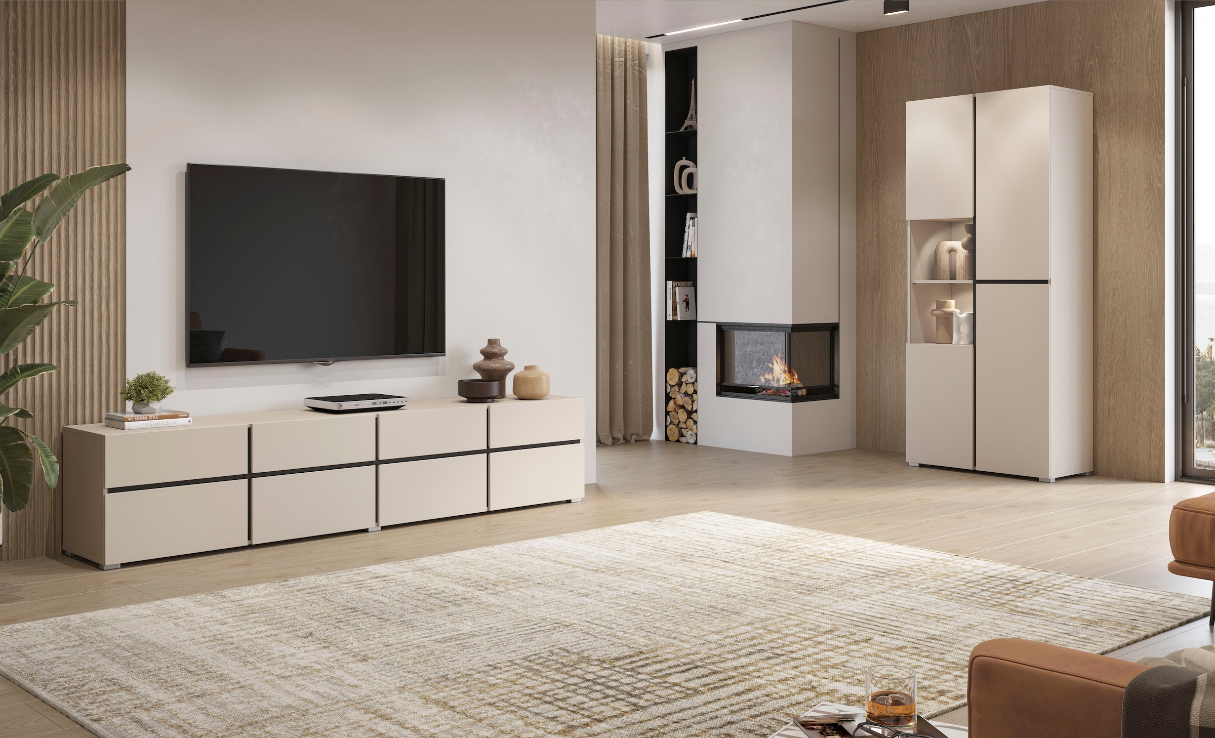 OTTO home Vitrine »Cross, Höhe 183,5 cm, moderne grifflose Standvitrine mit 3 Türen« Hochschrank mit viel Stauraum, Glastür und verstellbaren Einlegeböden
