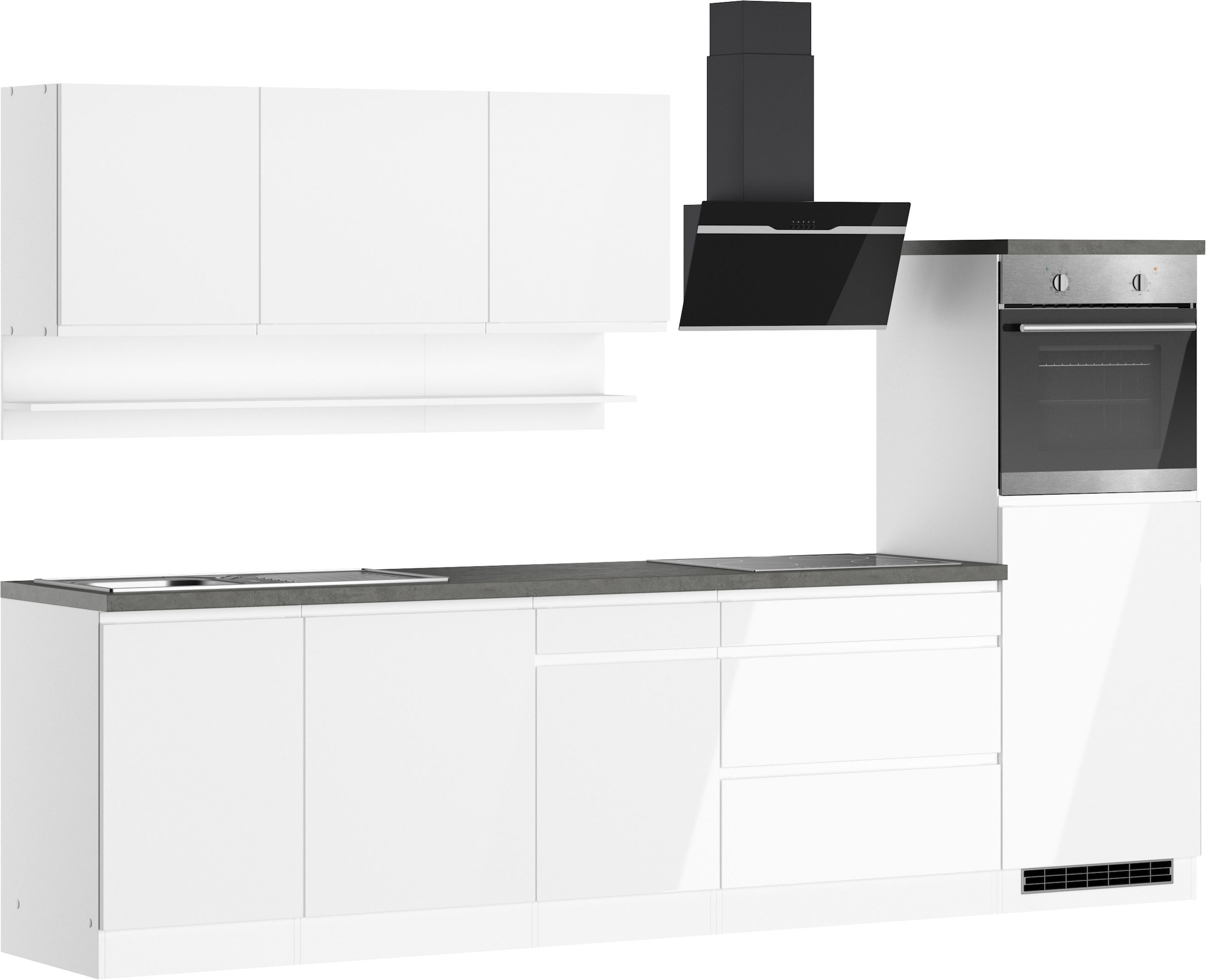 KOCHSTATION Küchenzeile »KS-Virginia,neu in verbesserter Ausführung« Arbeitsplatte 38 mm stark, Stauraum, Softclose,  Breite 300 cm, Soft-Close, wahlweise mit E-Geräten