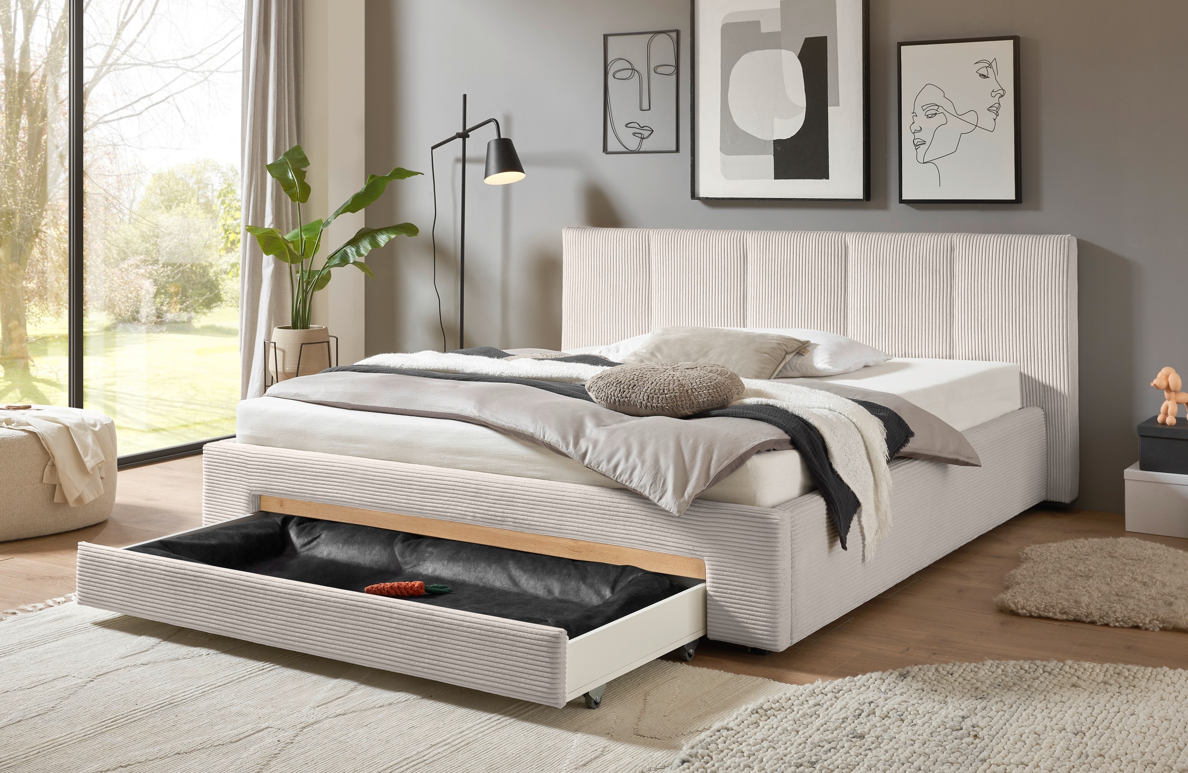 INOSIGN Polsterbett »CiTY/GiRON, Bettgestell mit Bettkasten, gepolstertes Stauraumbett«, mit Hundebett oder Stauraumschublade, Bezug Cord-oder Leinenoptik