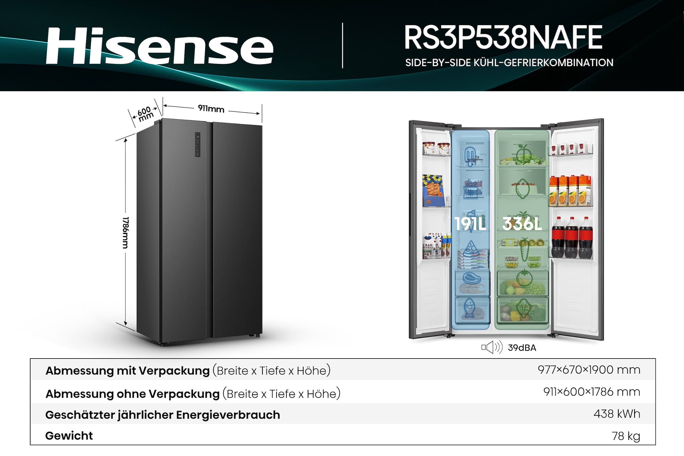Hisense Side-by-Side »RS3P538NAFE« 178,6 cm hoch 91,1 cm breit einfacher Side by Side mit Premium-Ausstattung