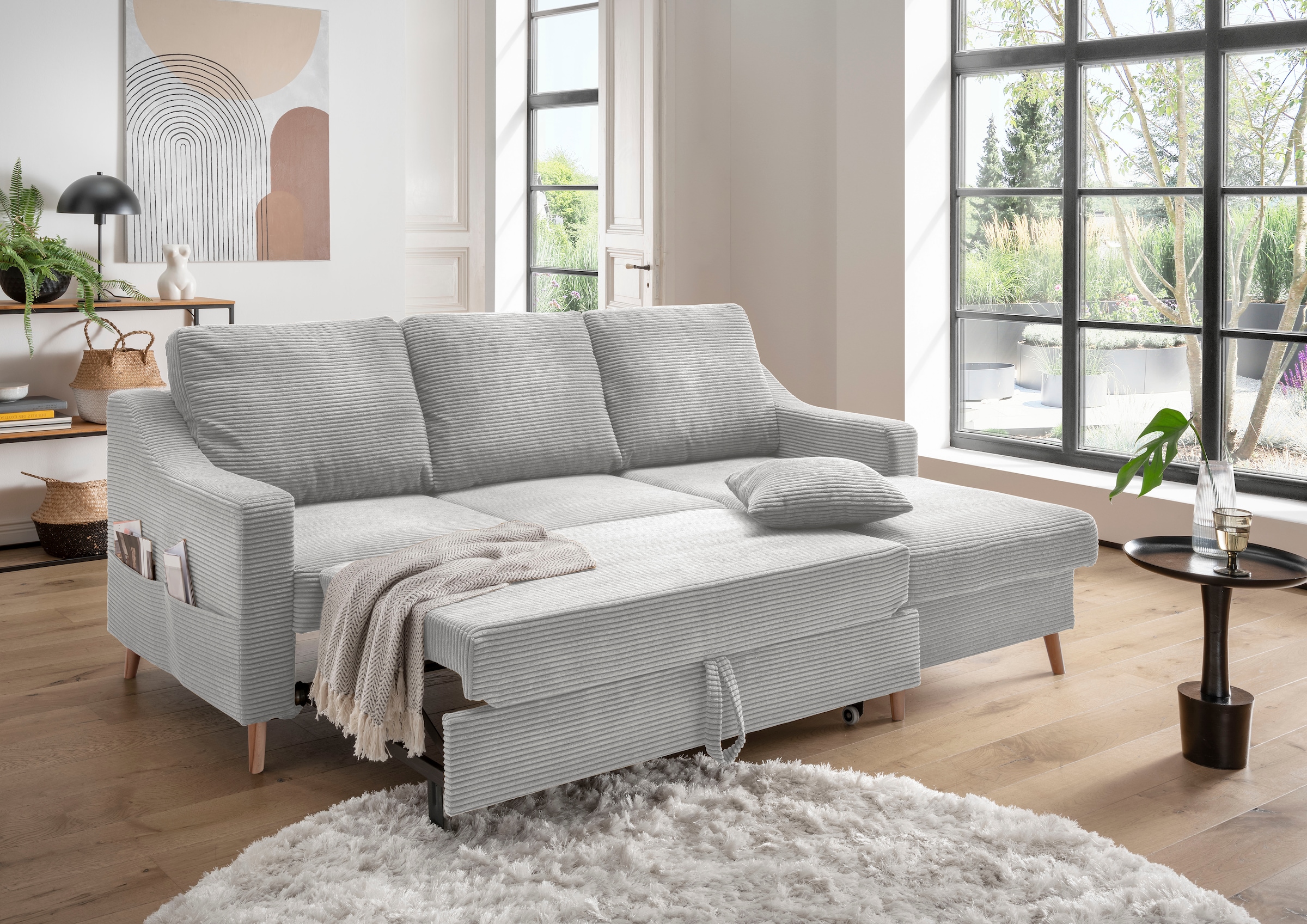 INOSIGN Ecksofa »Valentina L-Form«, 2 Zierkissen, mit Seitentasche, ausziehbarer Liegefläche, Bettkasten