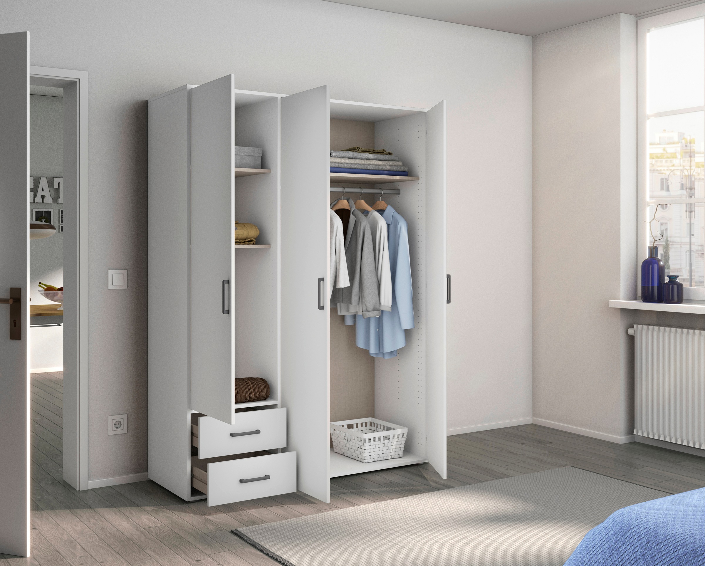 rauch Drehtürenschrank »Kleiderschrank Schrank Garderobe Wäscheschrank VOYAGER«, (in 3 verschiedenen Ausstattungen BASIC/CLASSIC/PREMIUM), moderne Griffe in Graumetallic mit Außenschubkästen MADE IN GERMANY