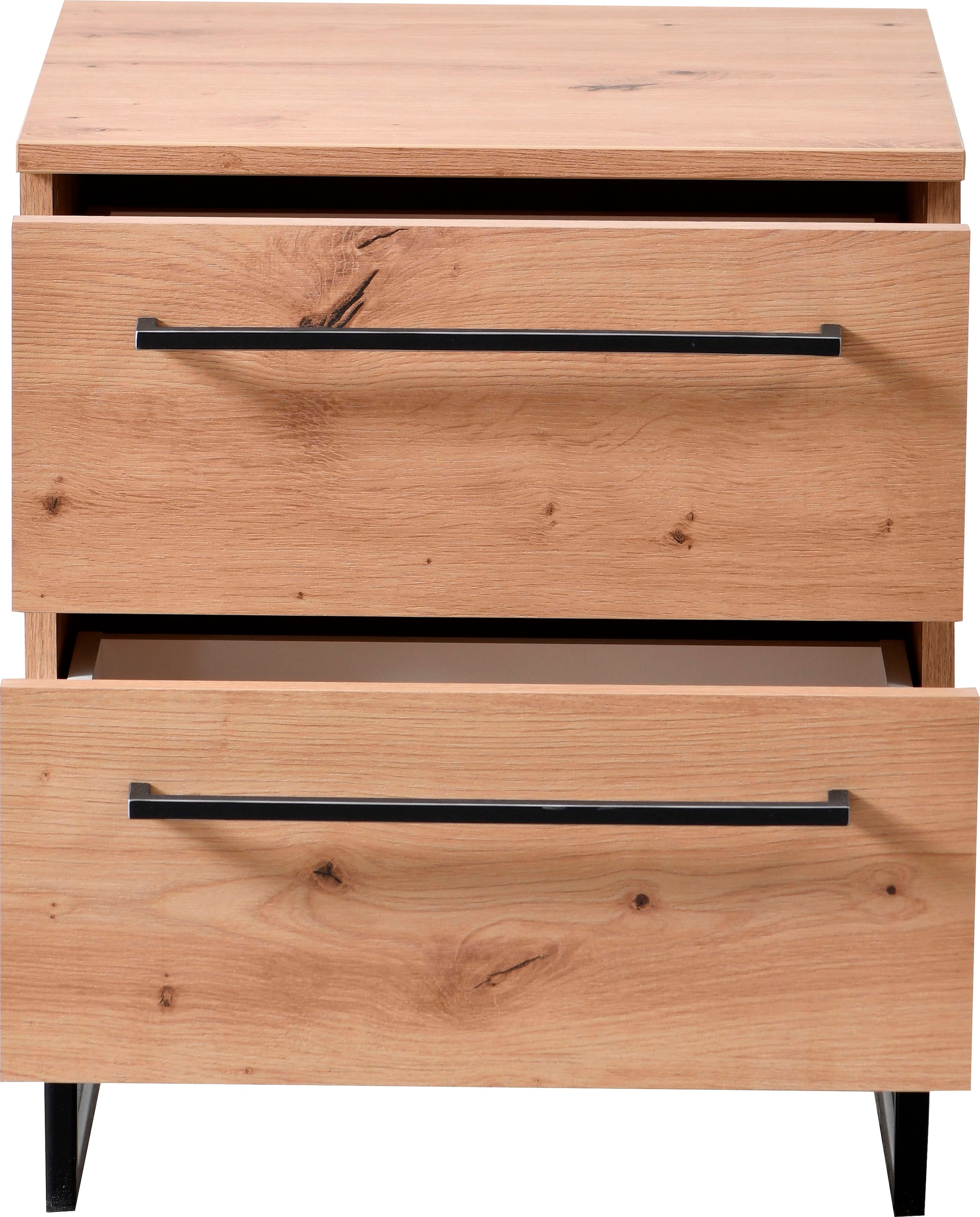 INOSIGN Nachtkommode »Sardinia, Nachtschrank, Maße (B/T/H): 45,5/35/54 cm«, (FSC-zertifizierter Holzwerkstoff), mit 2 Schubladen, Metallgriffe und Metallfüße in Kufenform