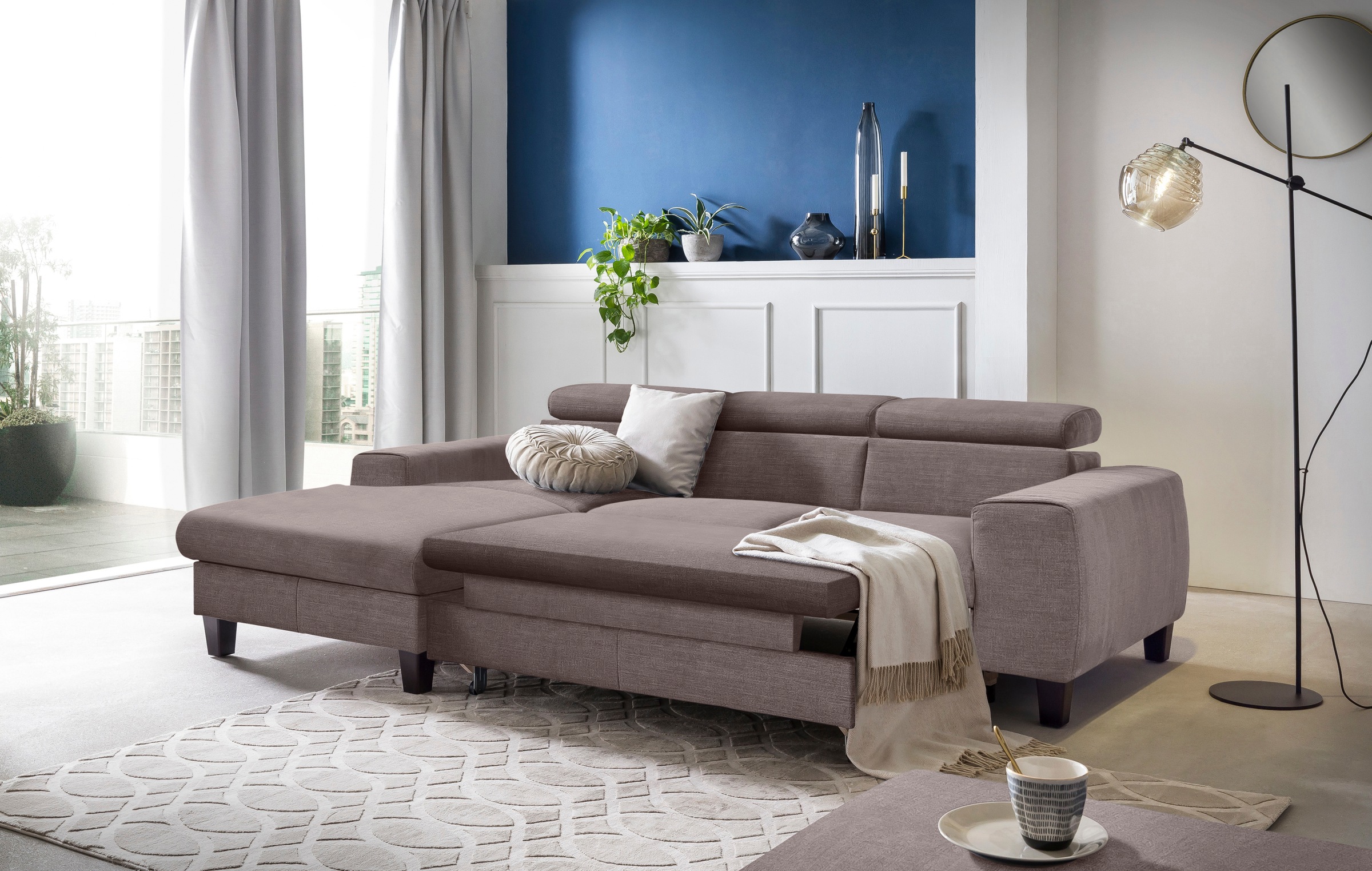 COTTA Ecksofa »Morven L-Form mit Kopfteilverstellung«, wahlweise mit Bettfunktion, Bettkasten & Wireless-Charger