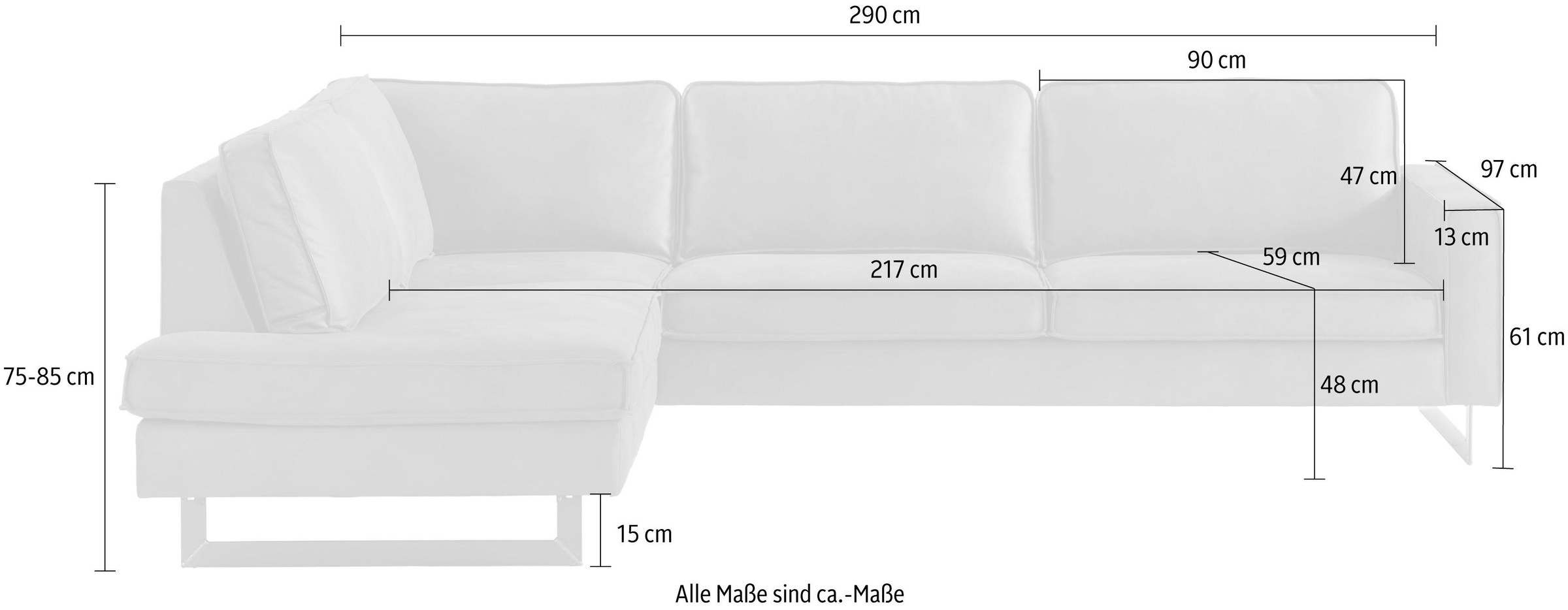 Places of Style Ecksofa »Pinto, 290 cm, Cord, Chenille, Lederoptik, Ottomane links / rechts«, mit Keder, schwarze Metallfüße, Wellenunterfederung