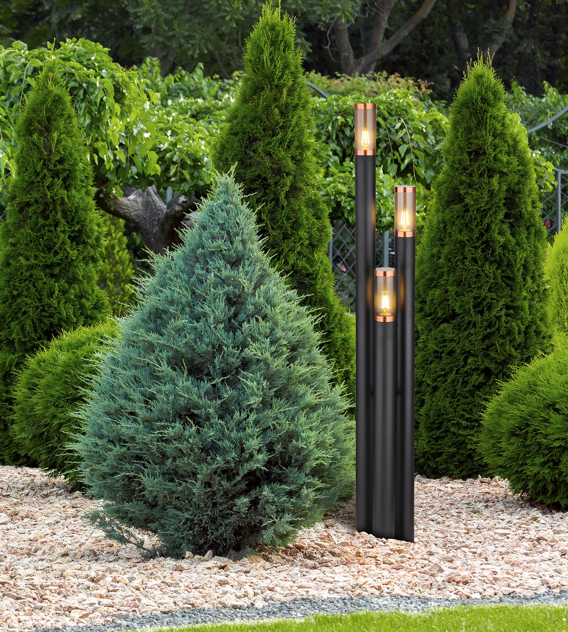 GLOBO LIGHTING Außen-Stehlampe »BOSTON« E27 1 Stk. Außenleuchte Edelstahl/Kupfer, 3 Zylinder, IP44, E27