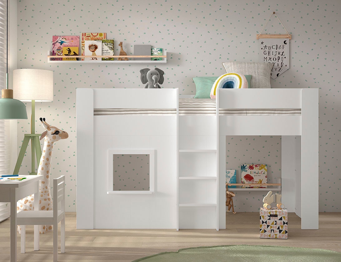 Vipack Hochbett »Reno, ein tolles Hüttenbett mit hoher Standfestigkeit, weiß lackiert«, (B/H/T ca. 206x120,1x105cm, Leiter mittig, Fenster und Absturzschutz), inkl. Rolllattenrost, Rückseite offen und Spielfläche unter dem Bett