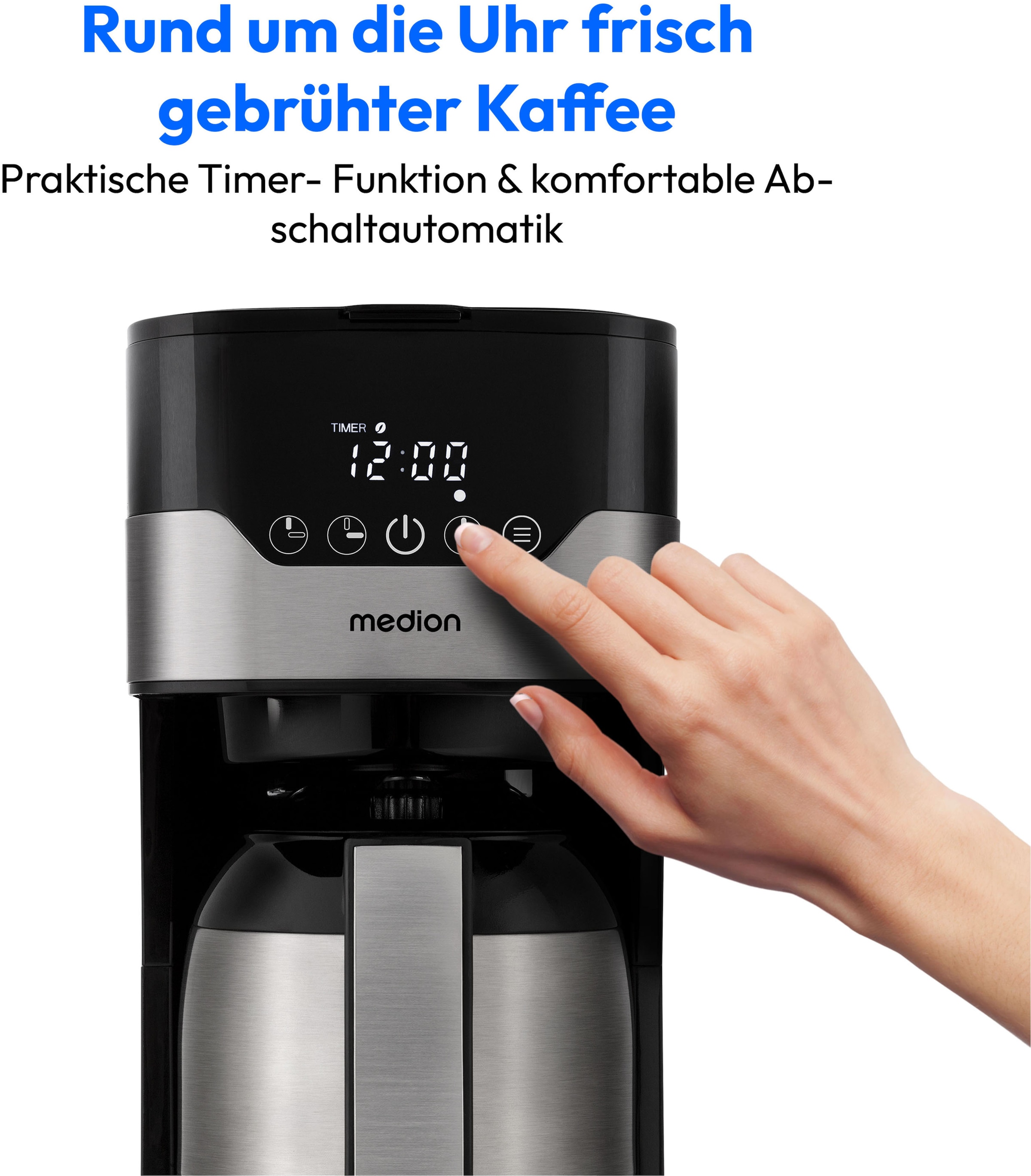 Medion® Filterkaffeemaschine »MD 18458, Aromawahlschalter mit 3 Stufen, 1,2 L Edelstahlkanne, Timer«, 1,2 l Kaffeekanne, Papierfilter, 1x4, Wasserstandsanzeige, Tropfstopp