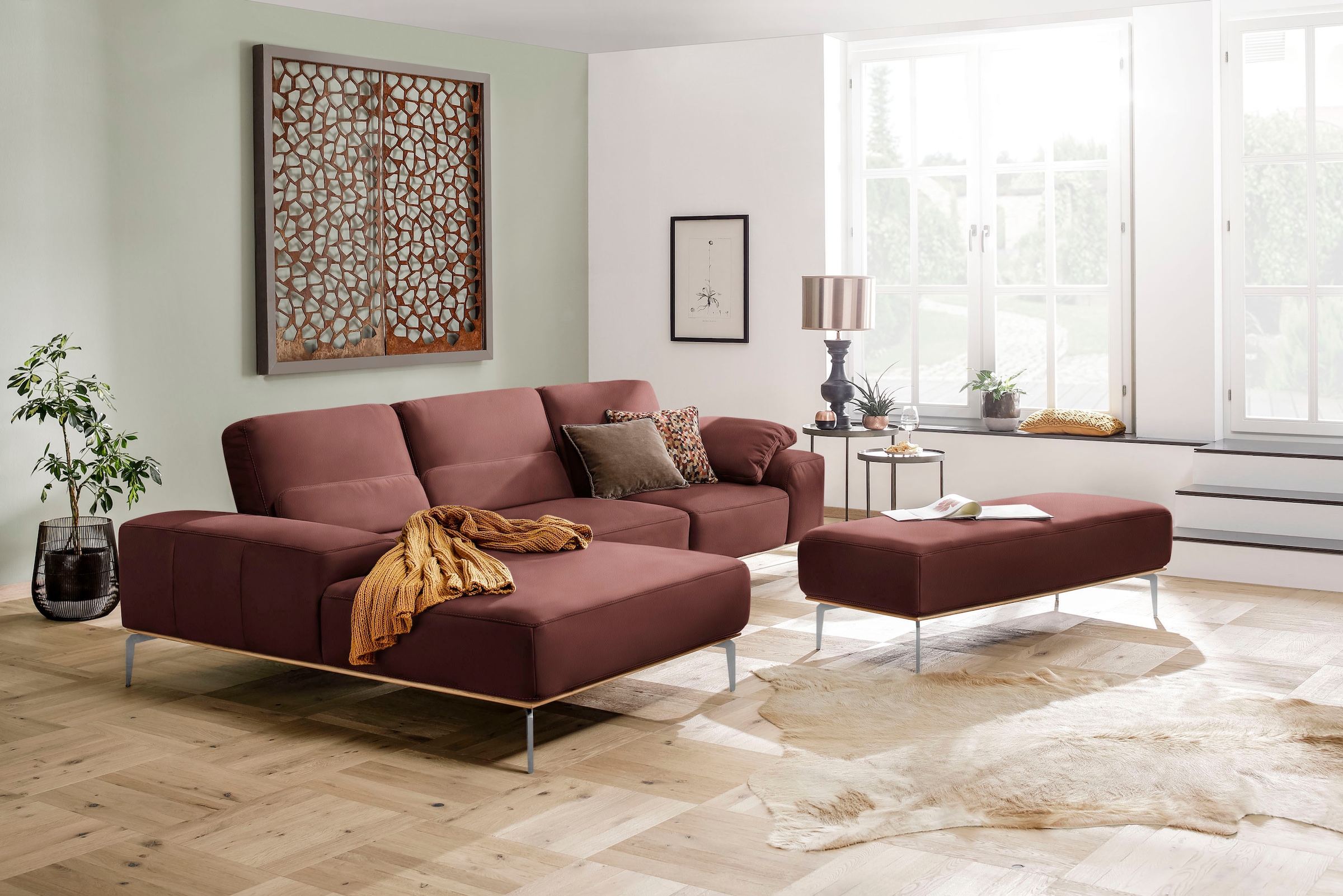 W.SCHILLIG Ecksofa »run, Designsofa mit tollem Sitzkomfort, bequem, L-Form«, mit elegantem Holzsockel, Füße in Chrom glänzend, Breite 319 cm