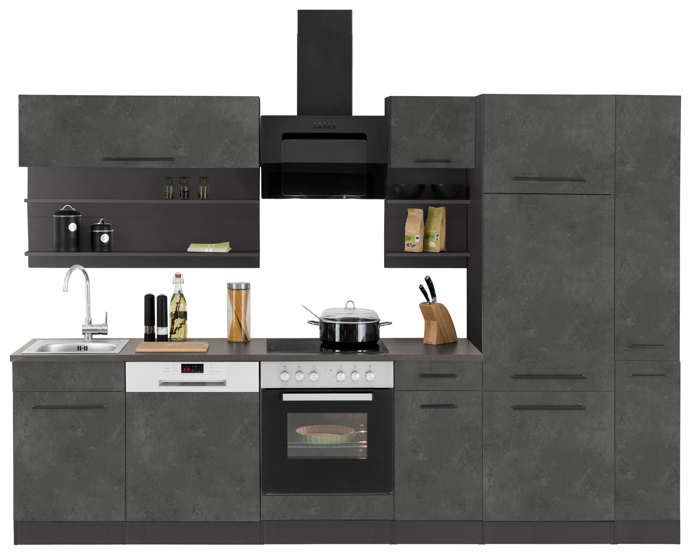 HELD MÖBEL Küchenzeile »Tulsa«, mit E-Geräten, Breite 300 cm, schwarze Metallgriffe, MDF Fronten