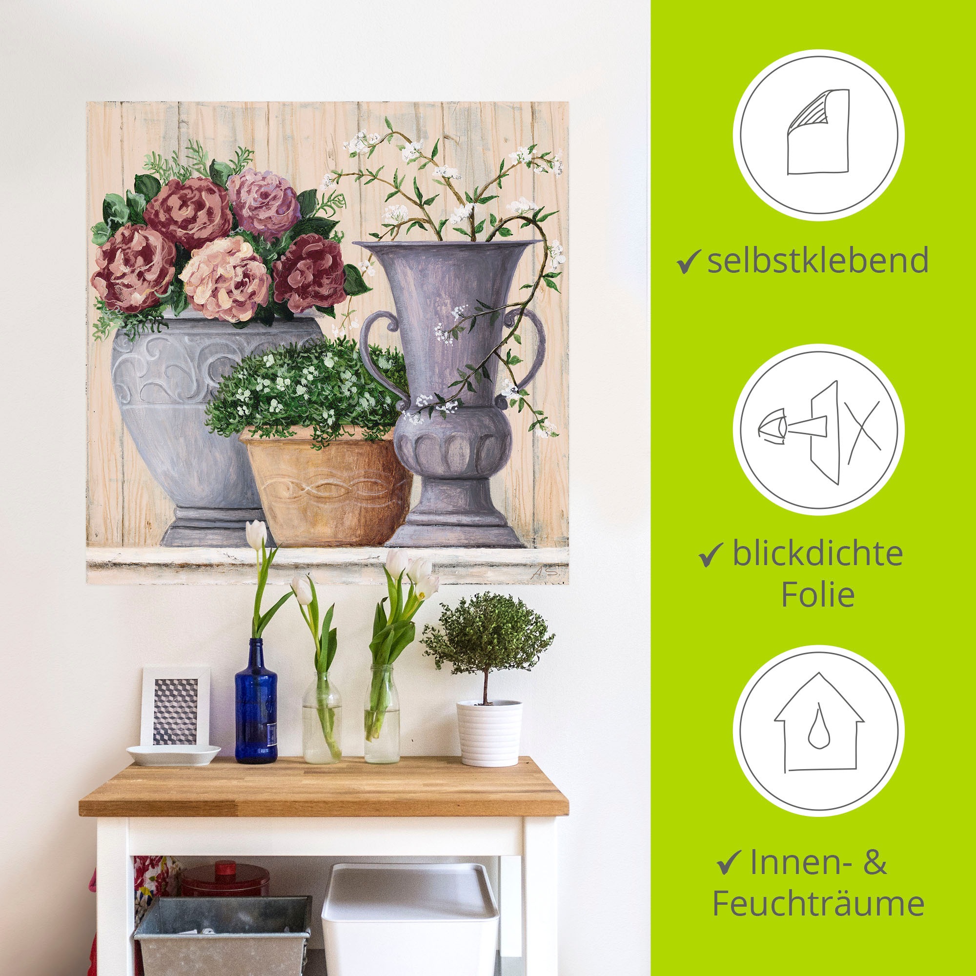 Artland Wandbild »Antike Blumen_hell«, Vasen & Töpfe, (1 St.), als Alubild, Outdoorbild, Leinwandbild, Poster, Wandaufkleber