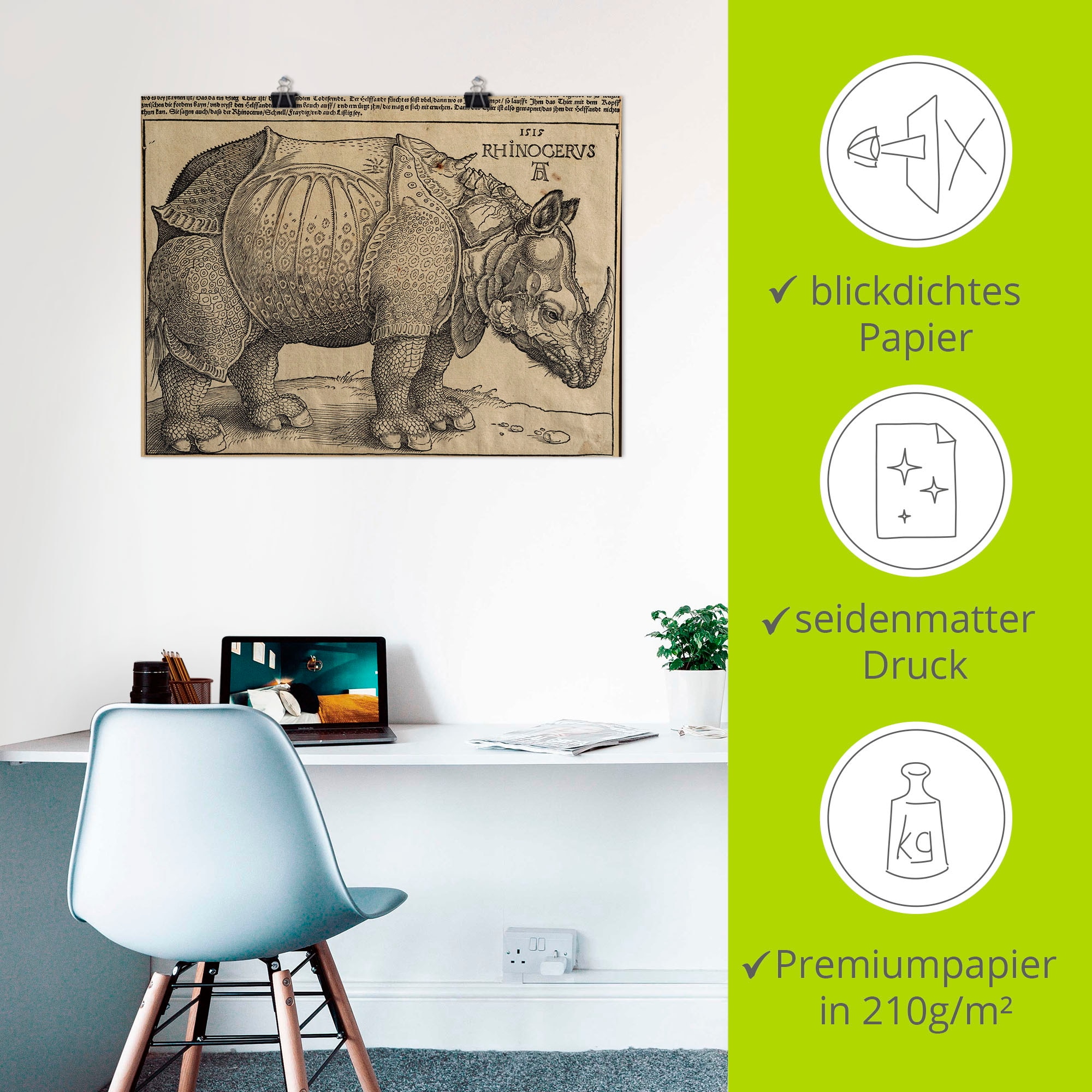 Artland Kunstdruck »Nashorn. 1515. Für König Emanuel.«, Wildtiere, (1 St.), als Leinwandbild, Wandaufkleber oder Poster in versch. Größen