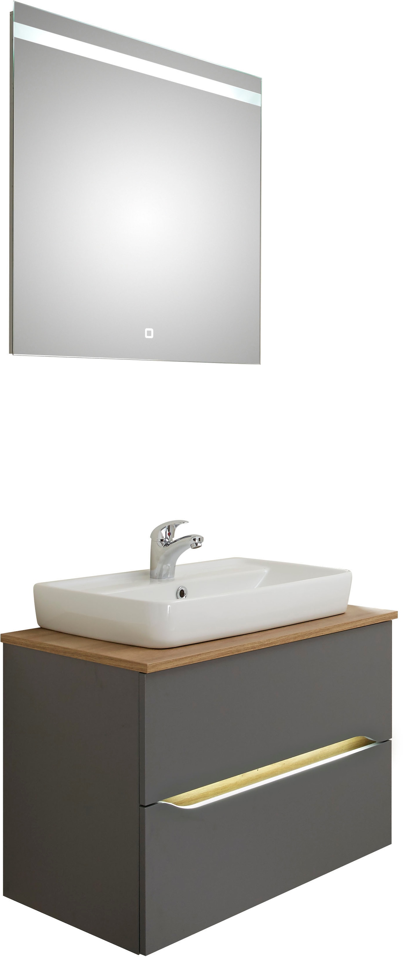 Saphir Badmöbel-Set »Quickset 2-teilig, Keramik-Aufsatzbecken mit LED-Spiegel«, (5 St.), Waschplatz 73 cm breit, inkl. Türdämpfer, 2 Schubladen