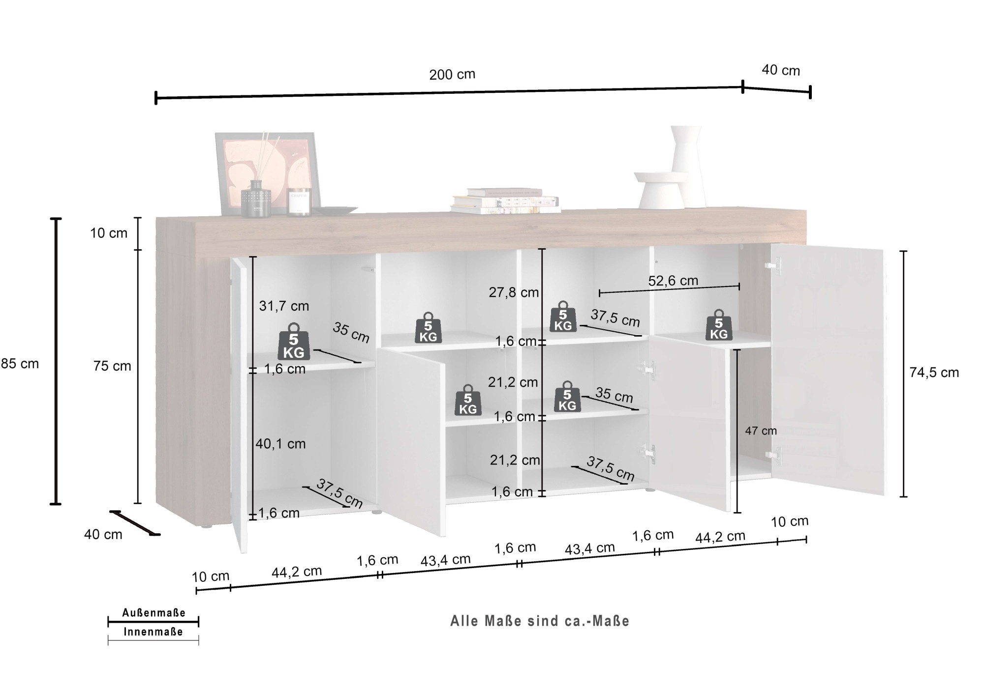 INOSIGN Sideboard »CHRONOS Breite 200 cm mit 4 Türen, 2 offene und 8 geschlossene Fächer«, (1 St.), Sideboard,Kommode, Schrank, Grifflos mit Push to Open, Made in Italy