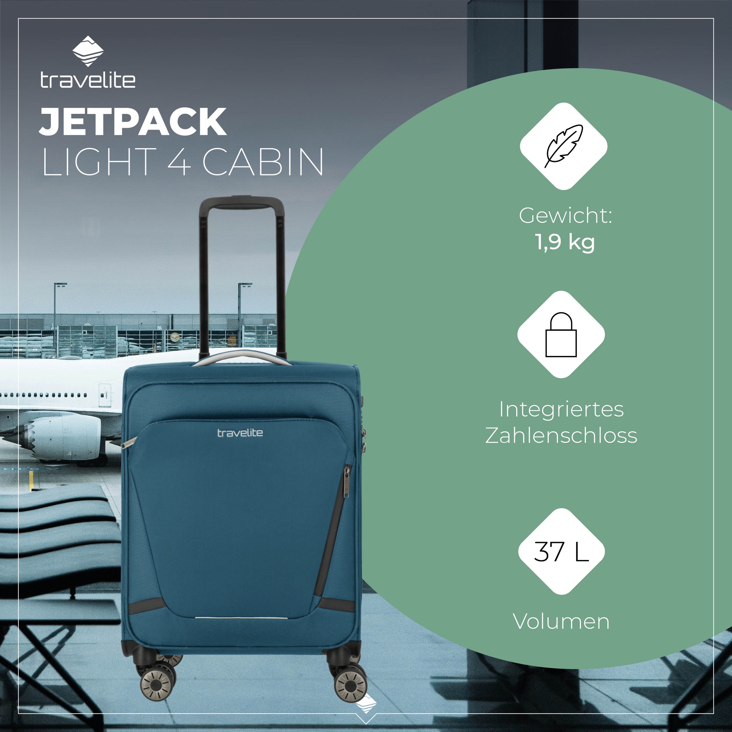 travelite Handgepäck-Trolley »JETPACK Multi Light 4 Cabin, konzipiert für Condor & Ryanair«, 4 Rollen, Weichgepäck-Koffer Handgepäck für die meisten gängigen Airlines