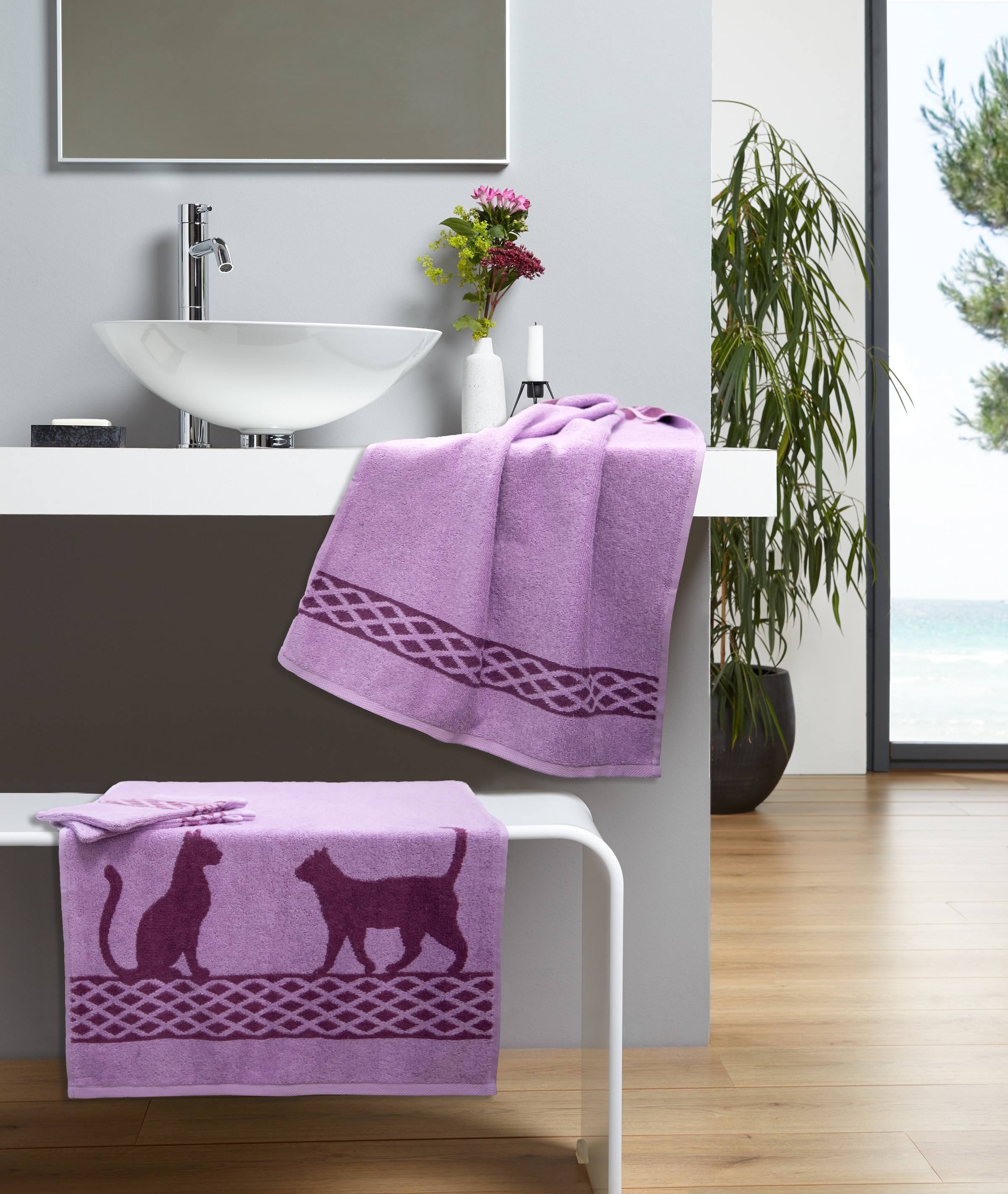 Dyckhoff Handtuch Set »Katze« Set 4 Stk. Frottier Set: 2 Handtücher und 2 Waschhandschuhe