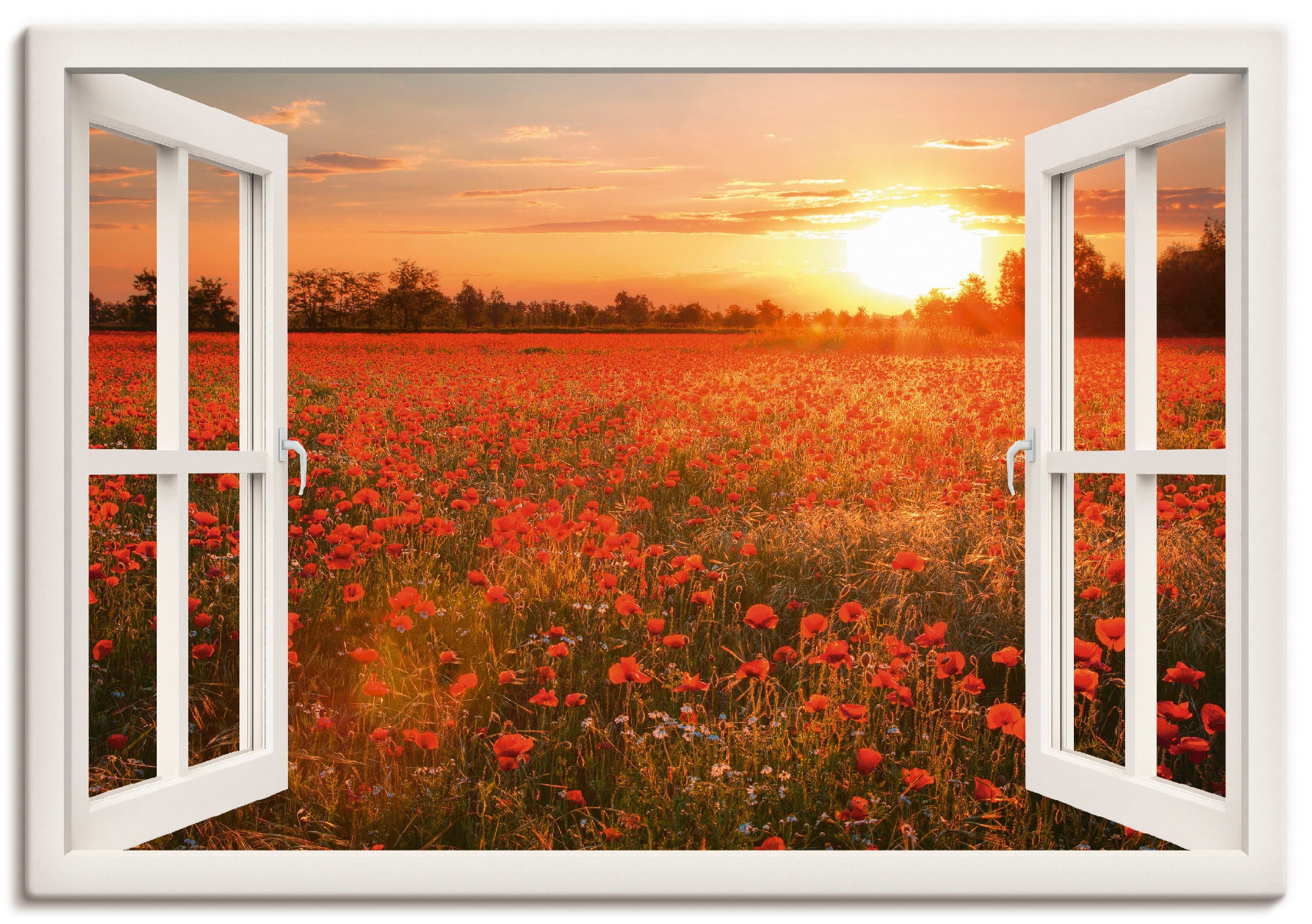 Artland Wandbild »Fensterblick Mohnblumenfeld« Blumen 1 Stk. tlg. als Leinw günstig online kaufen