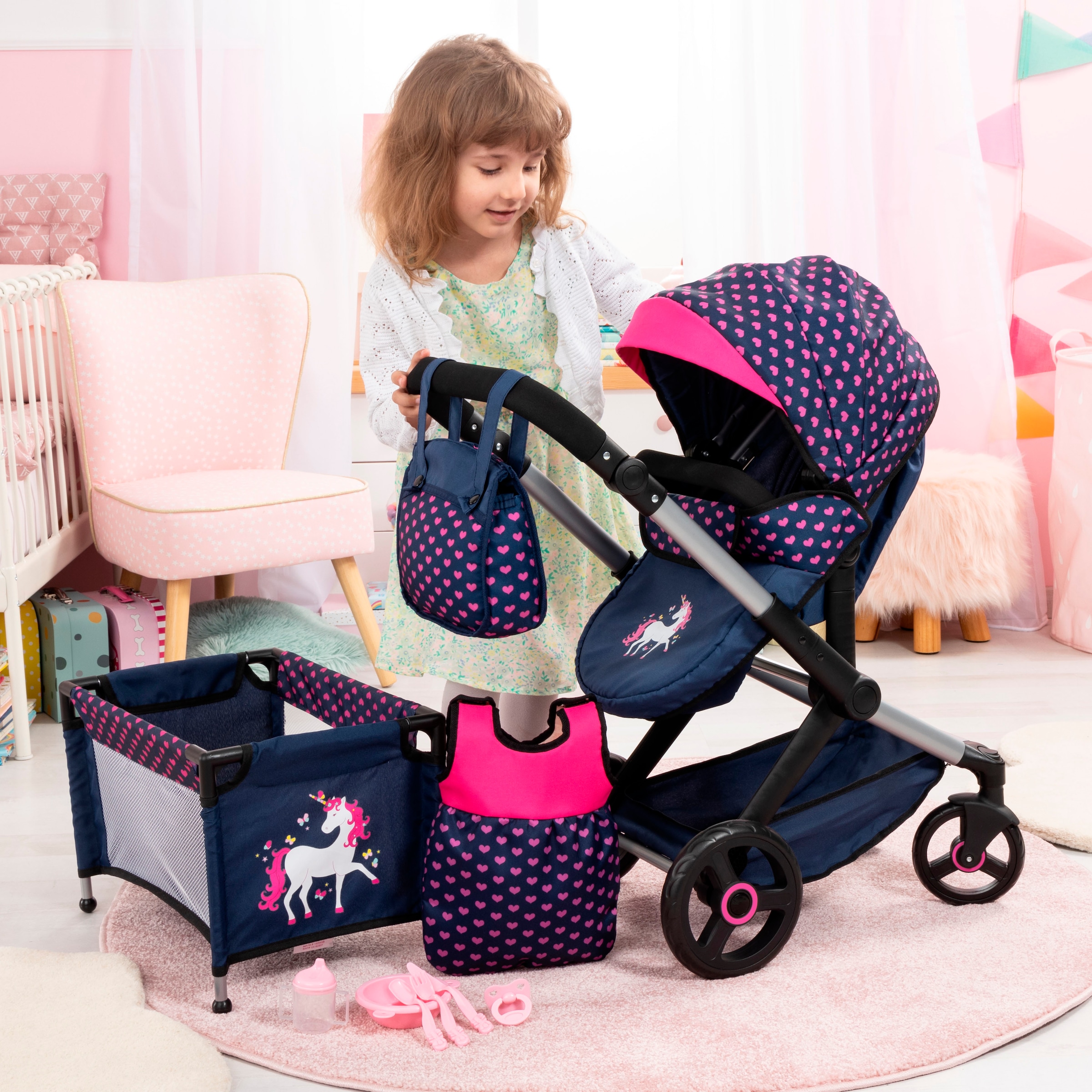 Bayer Kombi-Puppenwagen »Xeo Mega, blau/pink«, (Set)