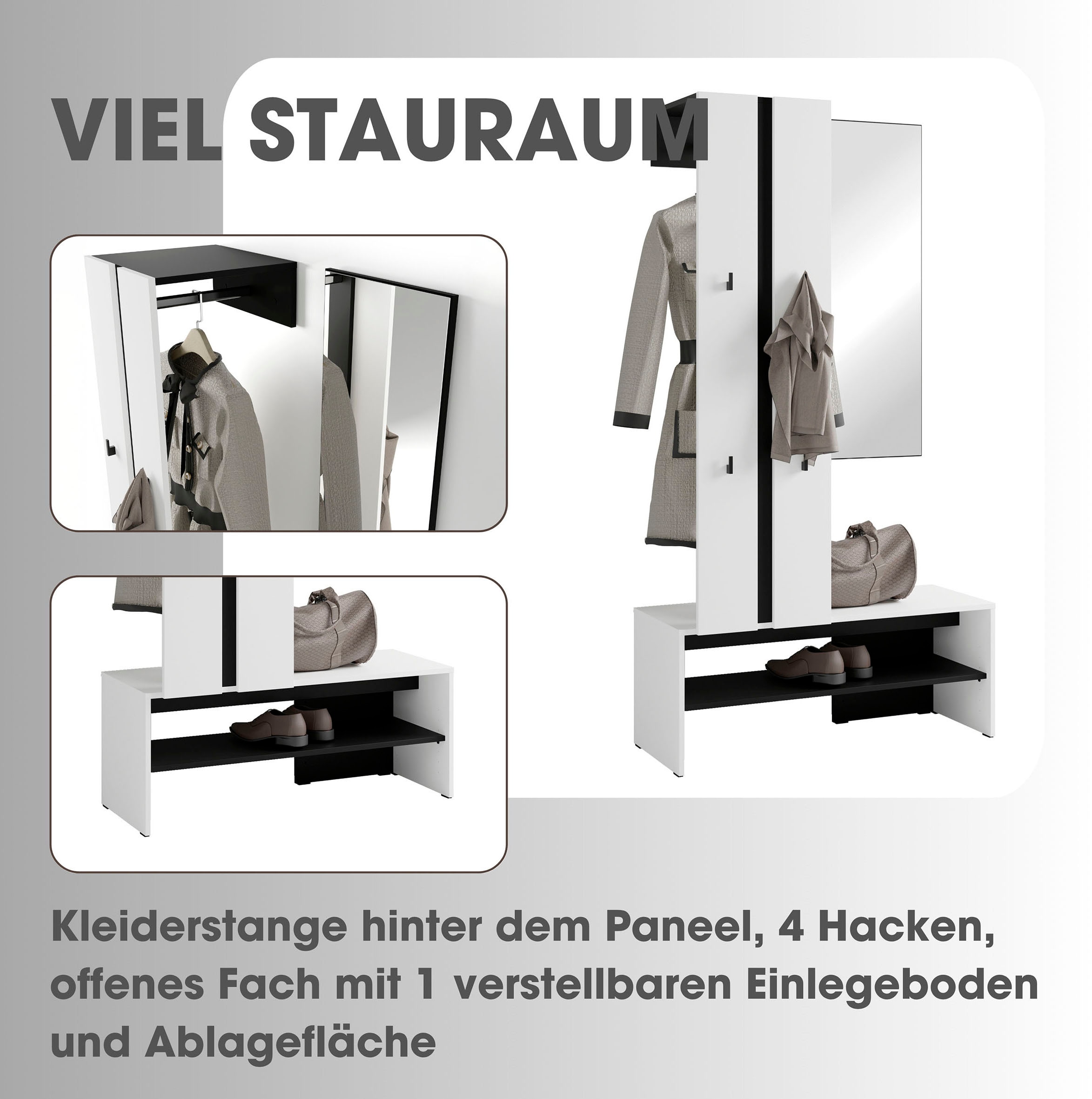 byLIVING Kompaktgarderobe »Dielen - Set Nante«, (2 St.), maximale Ordnung auf wenig Fläche mit Spiegel, Kleiderstange und Haken