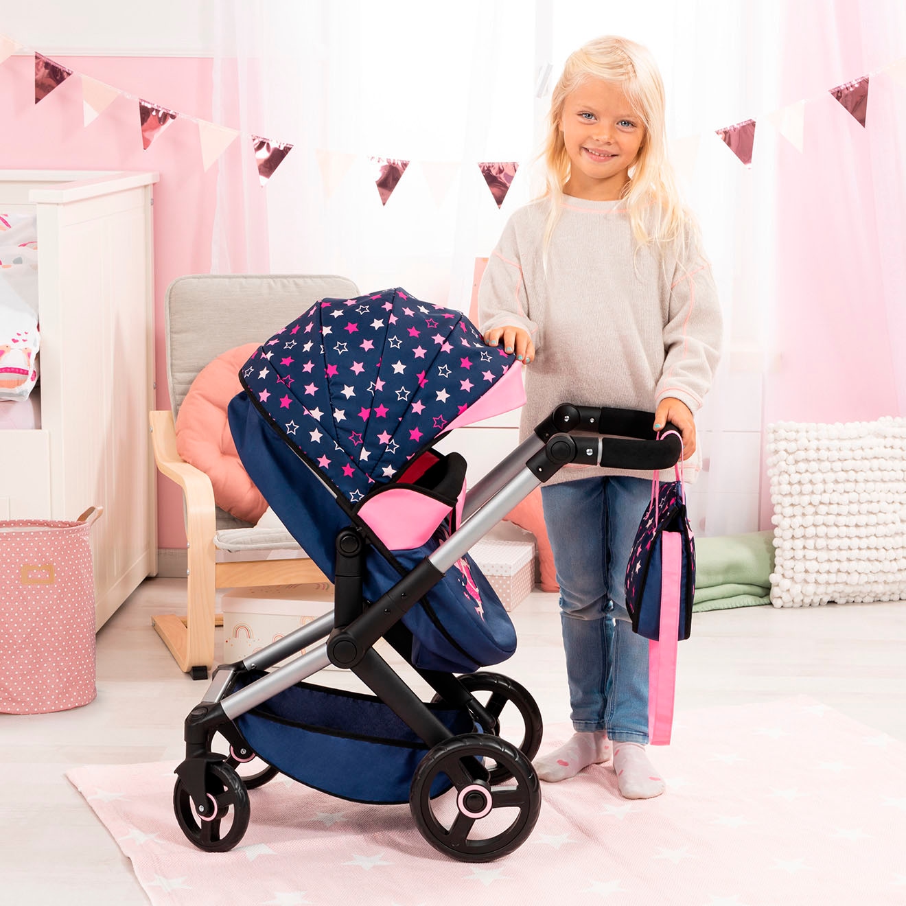Bayer Kombi-Puppenwagen »Xeo, blau/pink Sternchen«