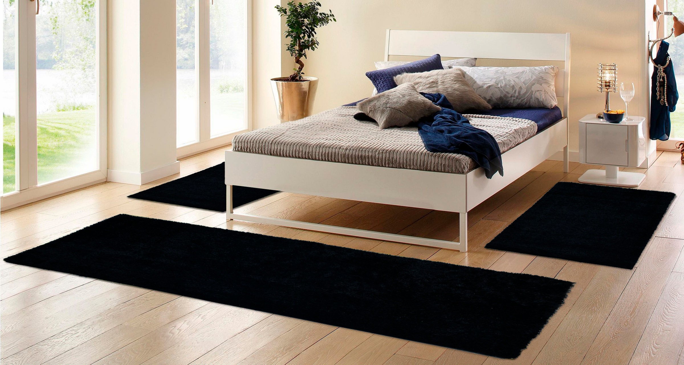 my home Bettumrandung »Malin«, (3 tlg.), Hochflor, Shaggy, Uni-Farben, leichter glanz, Microfaser, Pflegeleicht