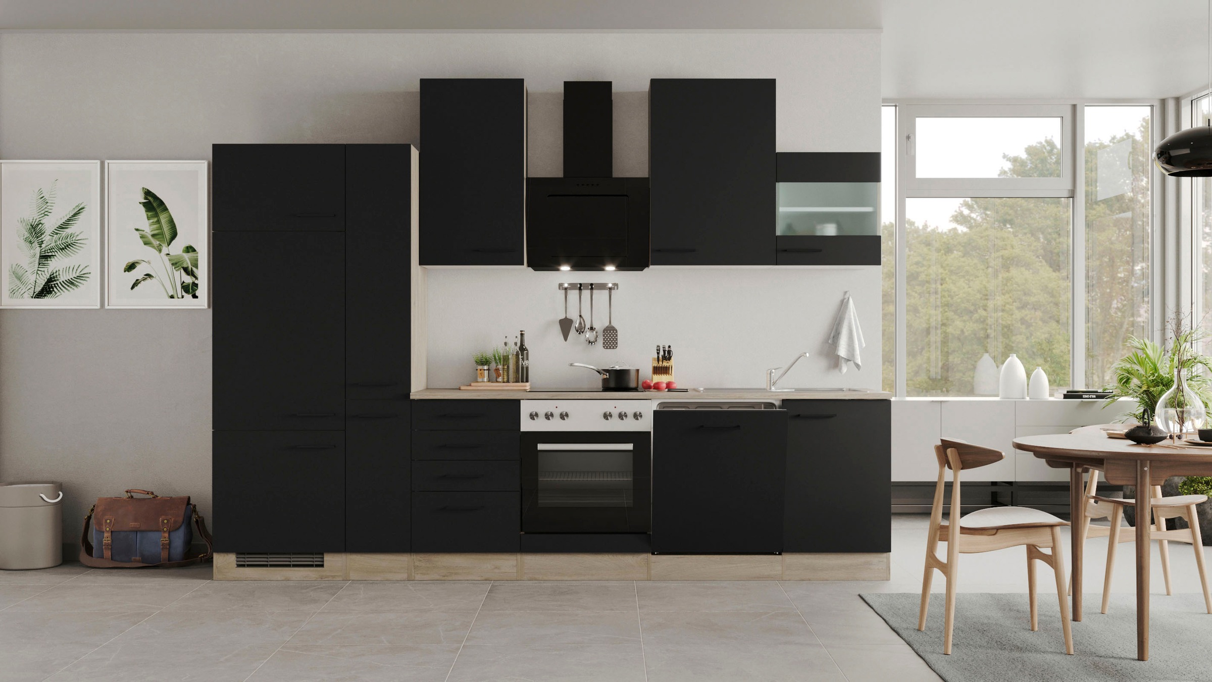 Flex-Well Exclusiv Küchenzeile Capri 310 cm Schwarz Matt-Endgrain Oak günstig online kaufen