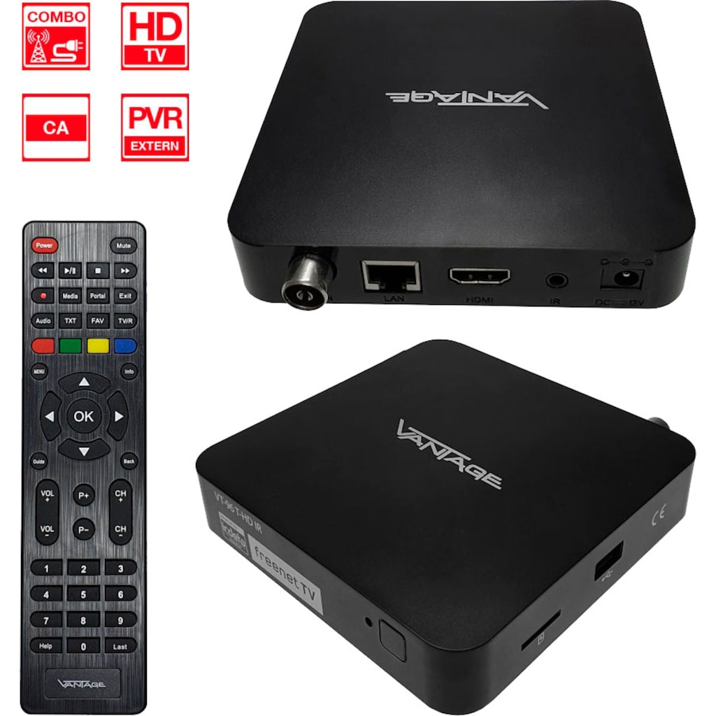 Vantage DVB-T2 Receiver »VT-96 U HDTV Kabel + DVB-T2 Receiver mit IR-Auge«, (LAN (Ethernet) USB PVR Ready)