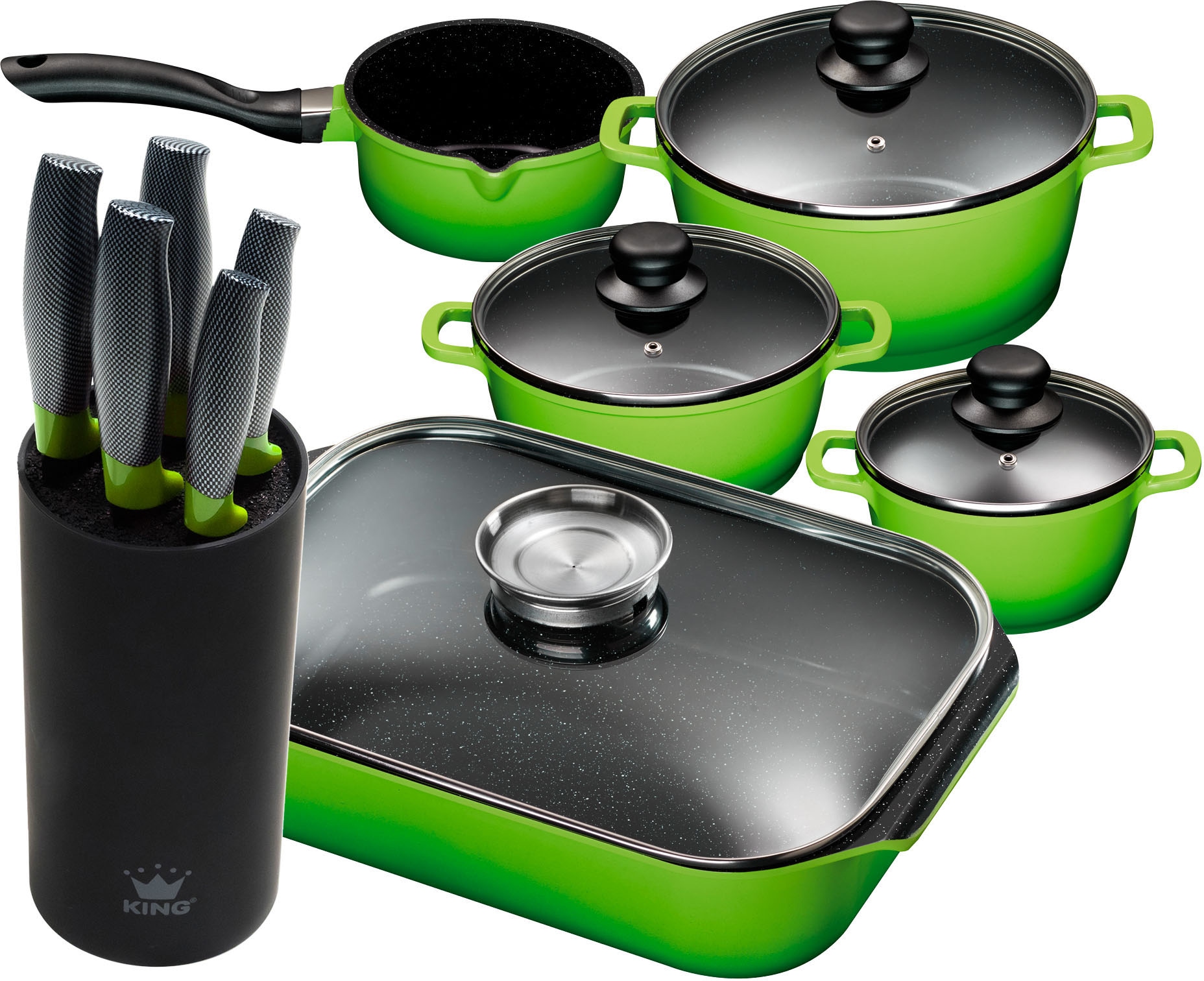 KING Topf-Set Set, 4 Töpfe, 3 Deckel, Bräter, 1 Messerblock, 5 Kochmesser, günstig online kaufen