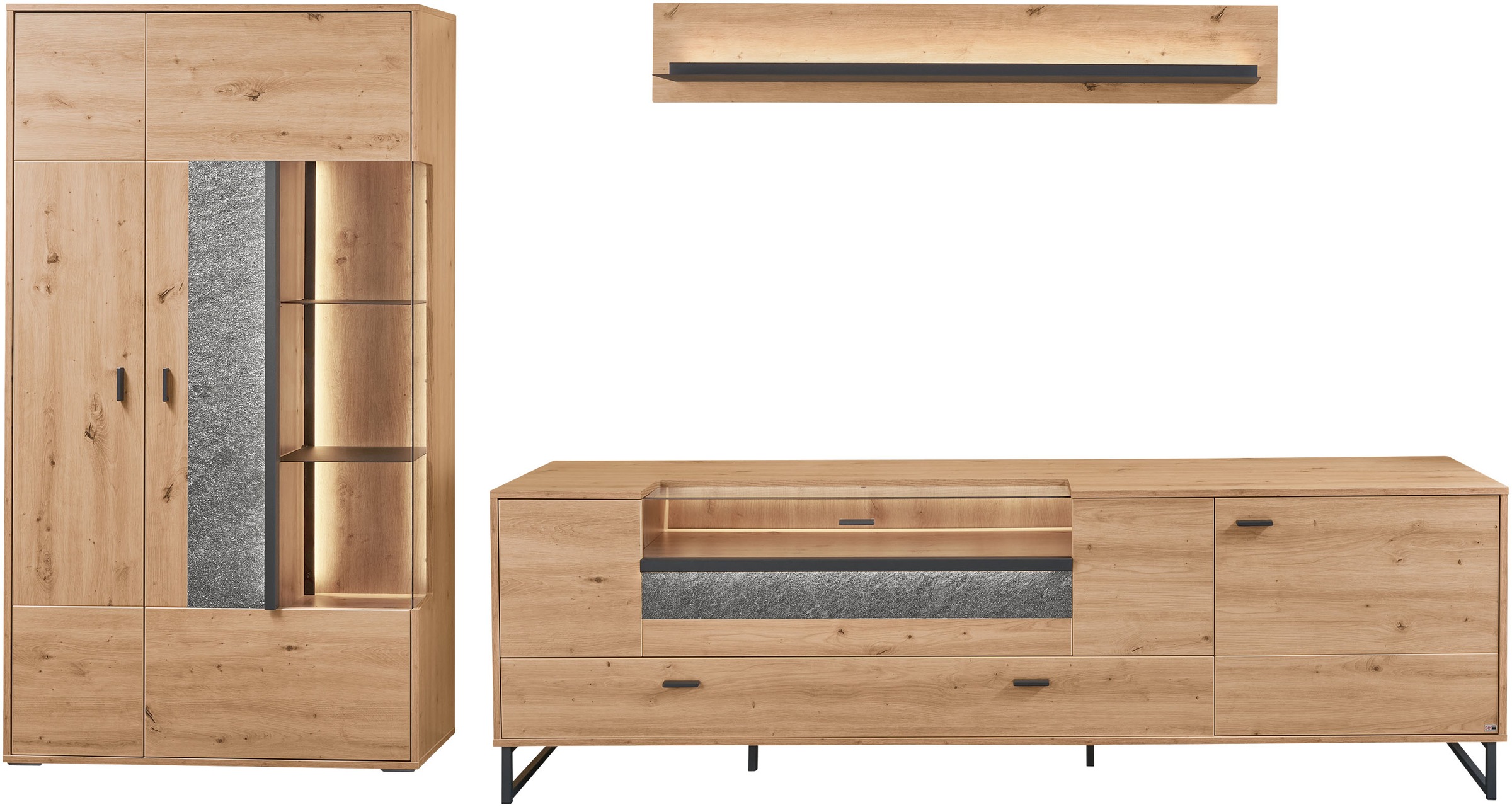 set one by Musterring TV-Wand »Deltona«, (3 St.), Zierelemente aus Sandstein, inkl. Beleuchtung, Gesamtbreite ca. 317 cm