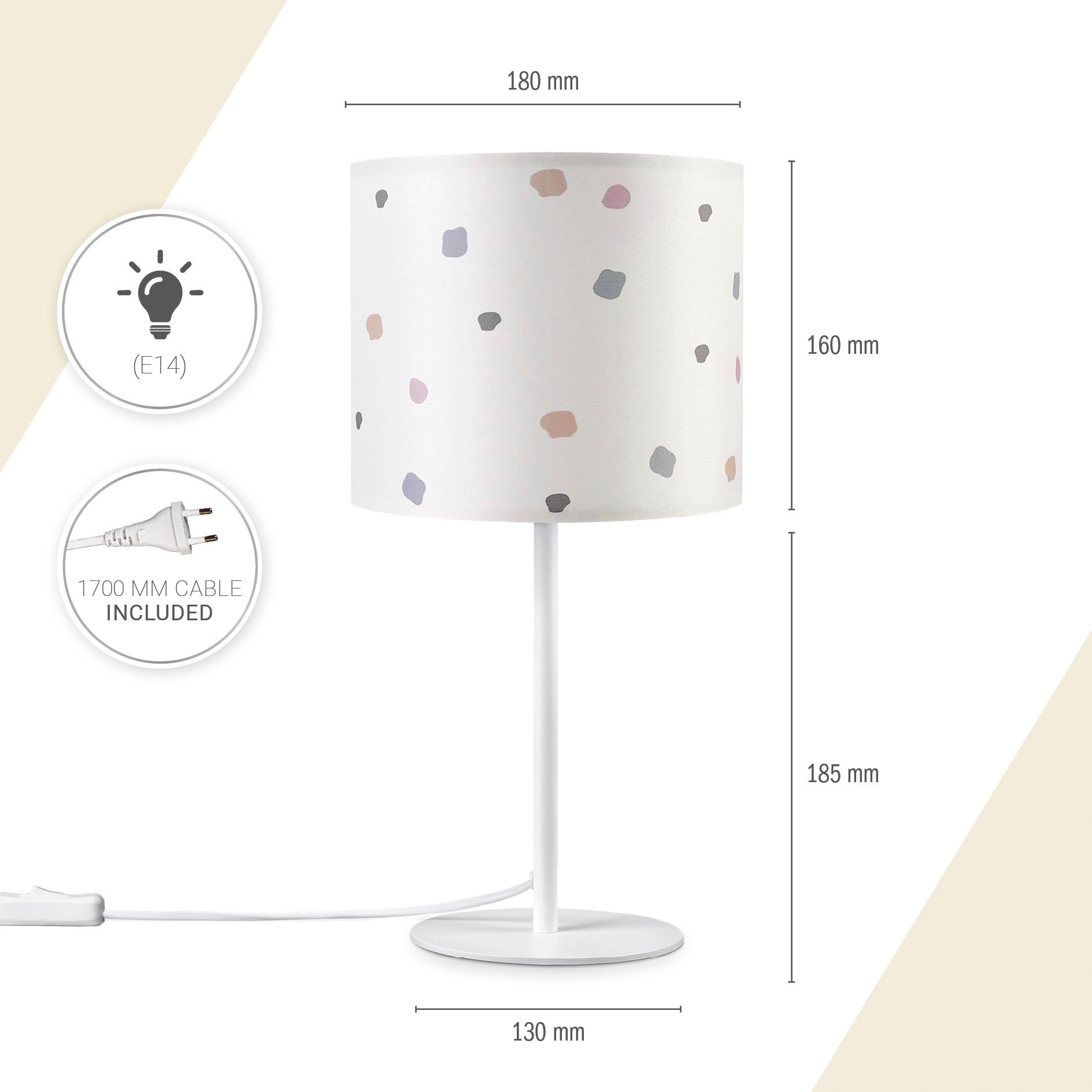 Paco Home Tischleuchte »Luca Dots«, Leuchtmittel E14 | ohne Leuchtmittel, Nachttisch Stoff Lampenschirm Rund Punkte E14 Bunt Retro Textil