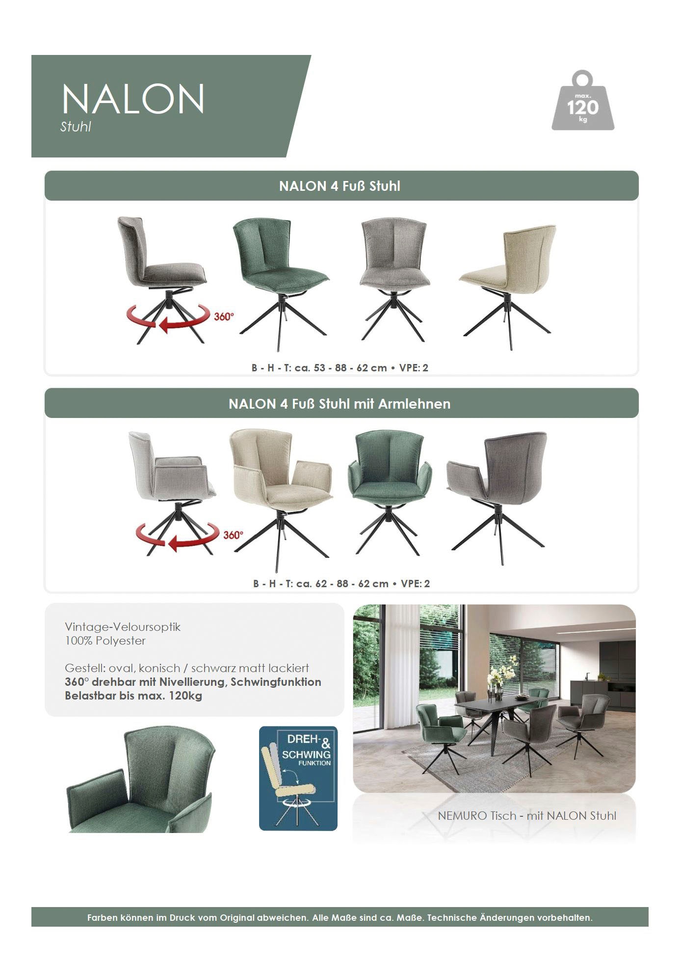 MCA furniture 4-Fußstuhl »NALON Esszimmerstuhl (2er Set) - Stuhl«, (Set), 2 St., Veloursstoff, 360° drehbar, Schwingfunktion, Metall, Veloursoptik, belastbar 120 kg