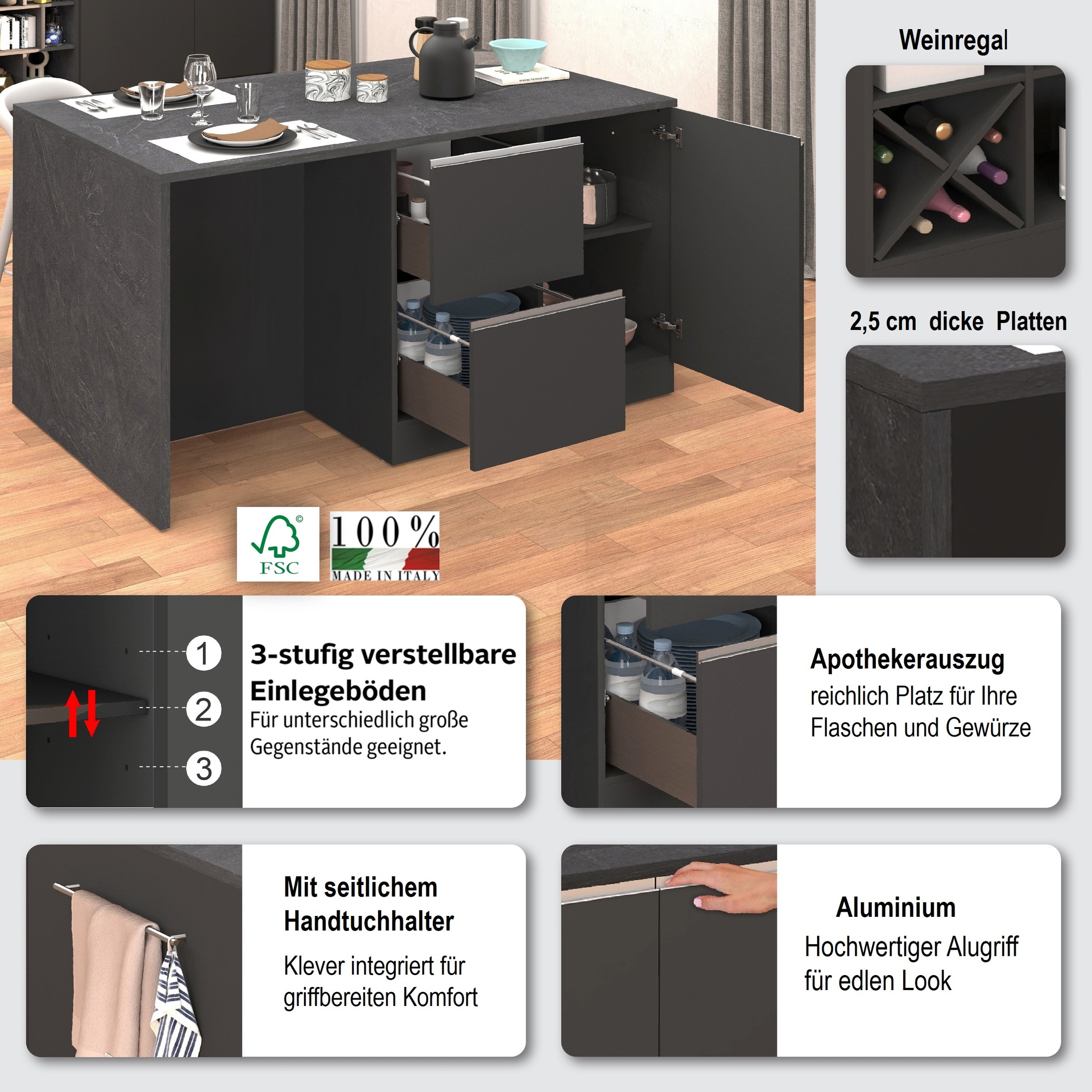 KOCHSTATION Kücheninsel »KS-Sole, Kochinsel, Küchenarbeitsblock, Inselküche, Arbeitsinsel«, Breite 152,5 cm, mit Essplatz, Handtuchhalter, Fächer und Weinregal