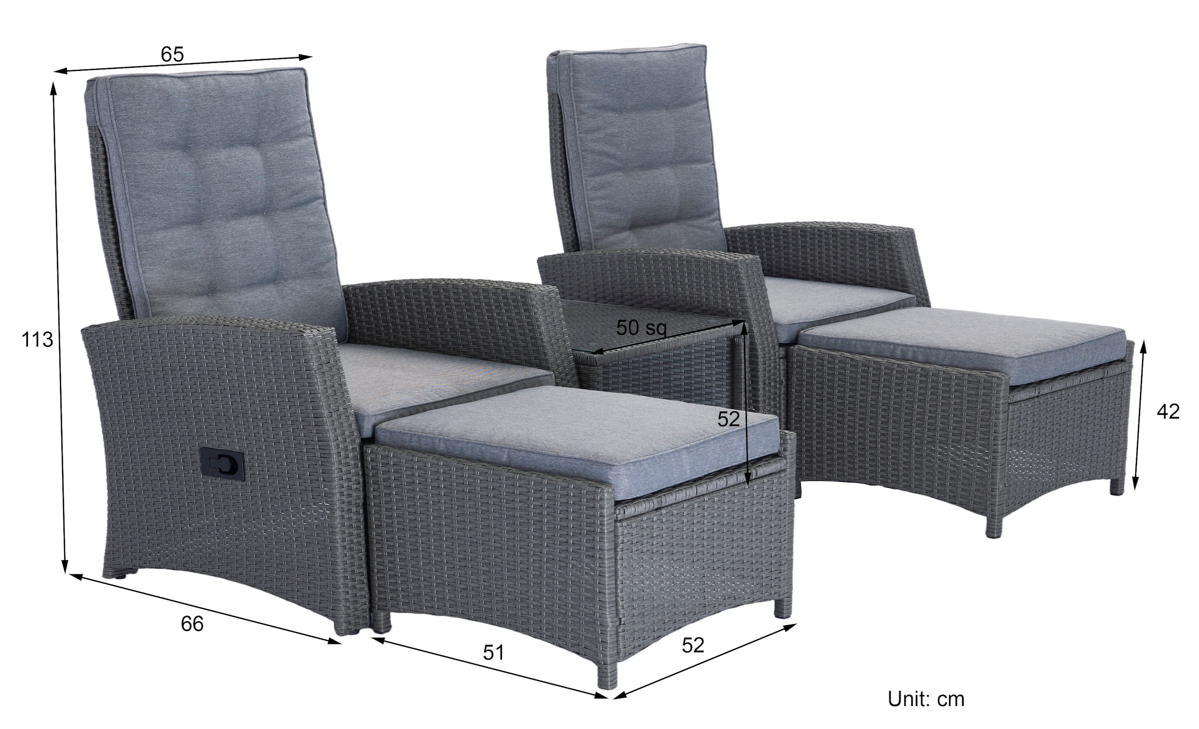 KONIFERA Gartenlounge-Set »Paris«, (Set, 9 tlg., 2x Sessel, 2x Hocker, 1x Tisch 50x50x51,5 cm, inkl. Schutzhülle), verstellbare Rückenlehne, Polyrattan, Aluminium, inkl. Auflagen